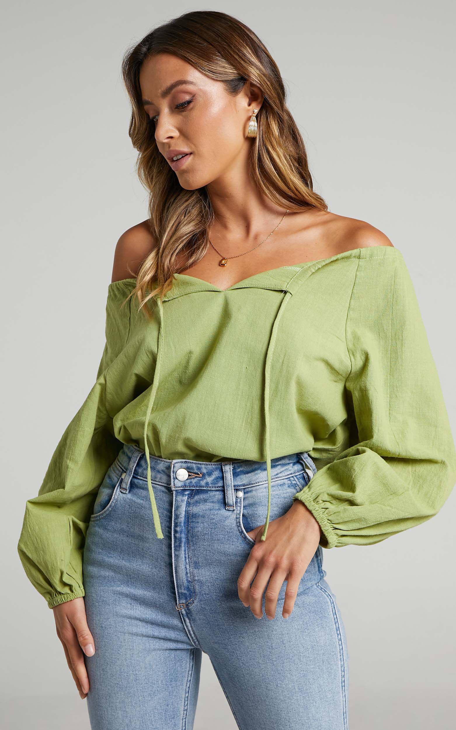 Bella Oversized Off the Shoulder Top in Khaki Linen Look