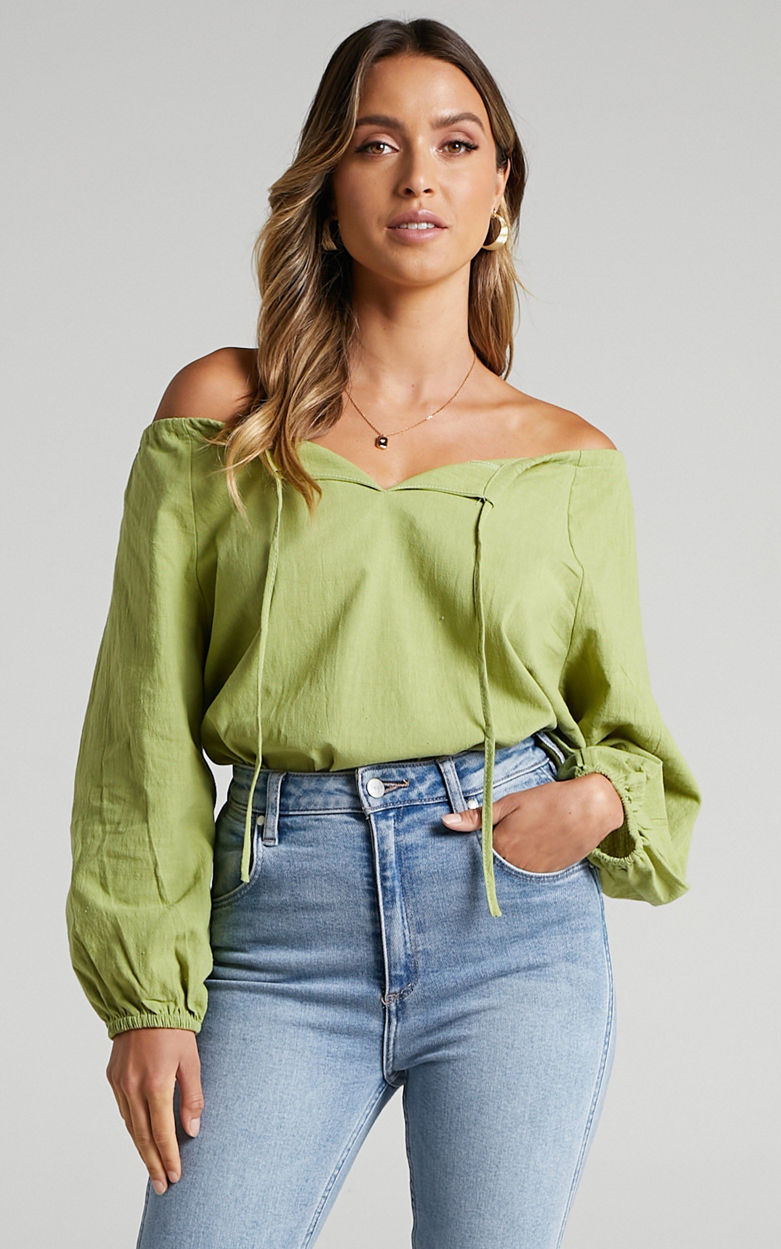 Bella Oversized Off the Shoulder Top in Khaki Linen Look
