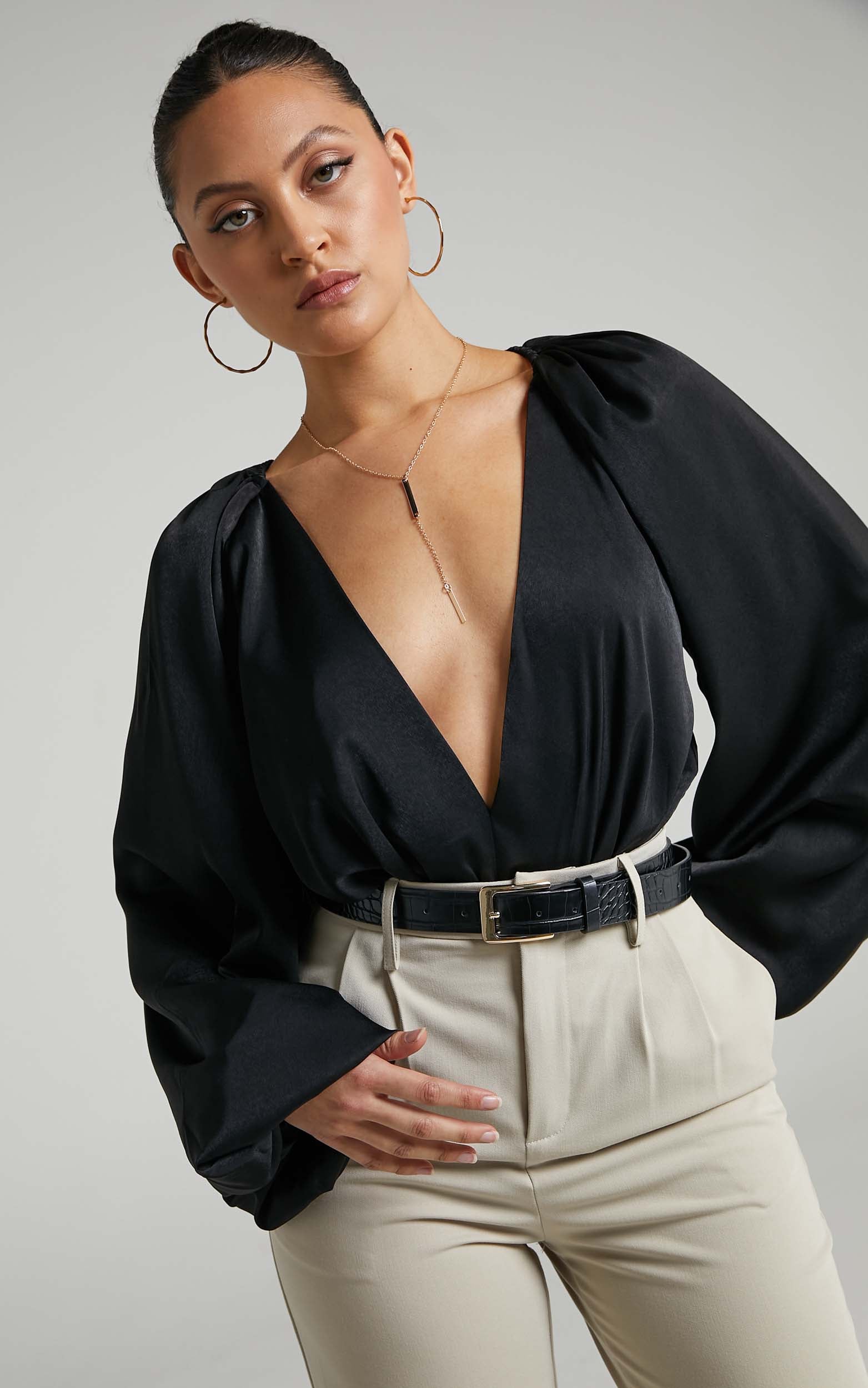 Bellah Bodysuit - Plunge Neck Bodysuit in Black