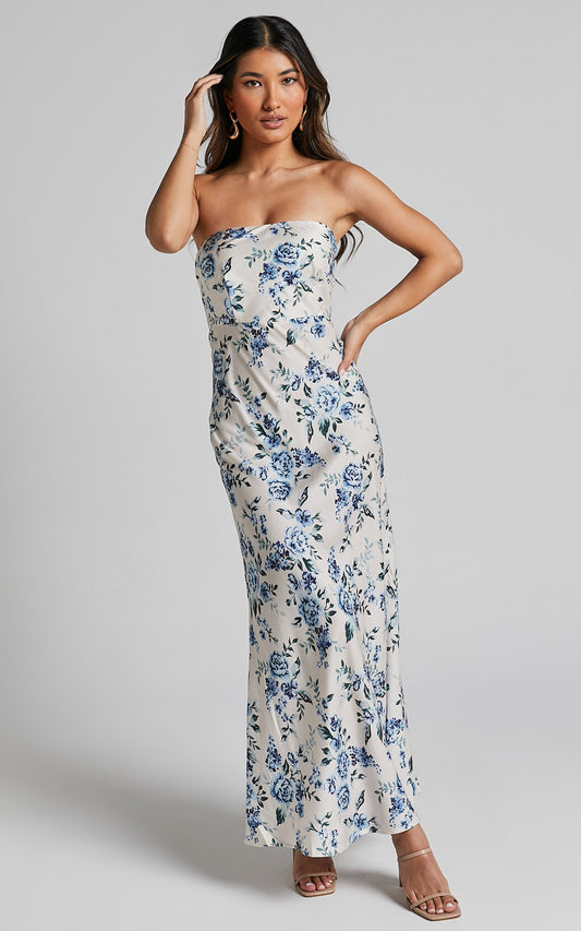 Bellene Maxi Dress - Satin Bias Cut Strapless Slip Dress in White and Blue Floral