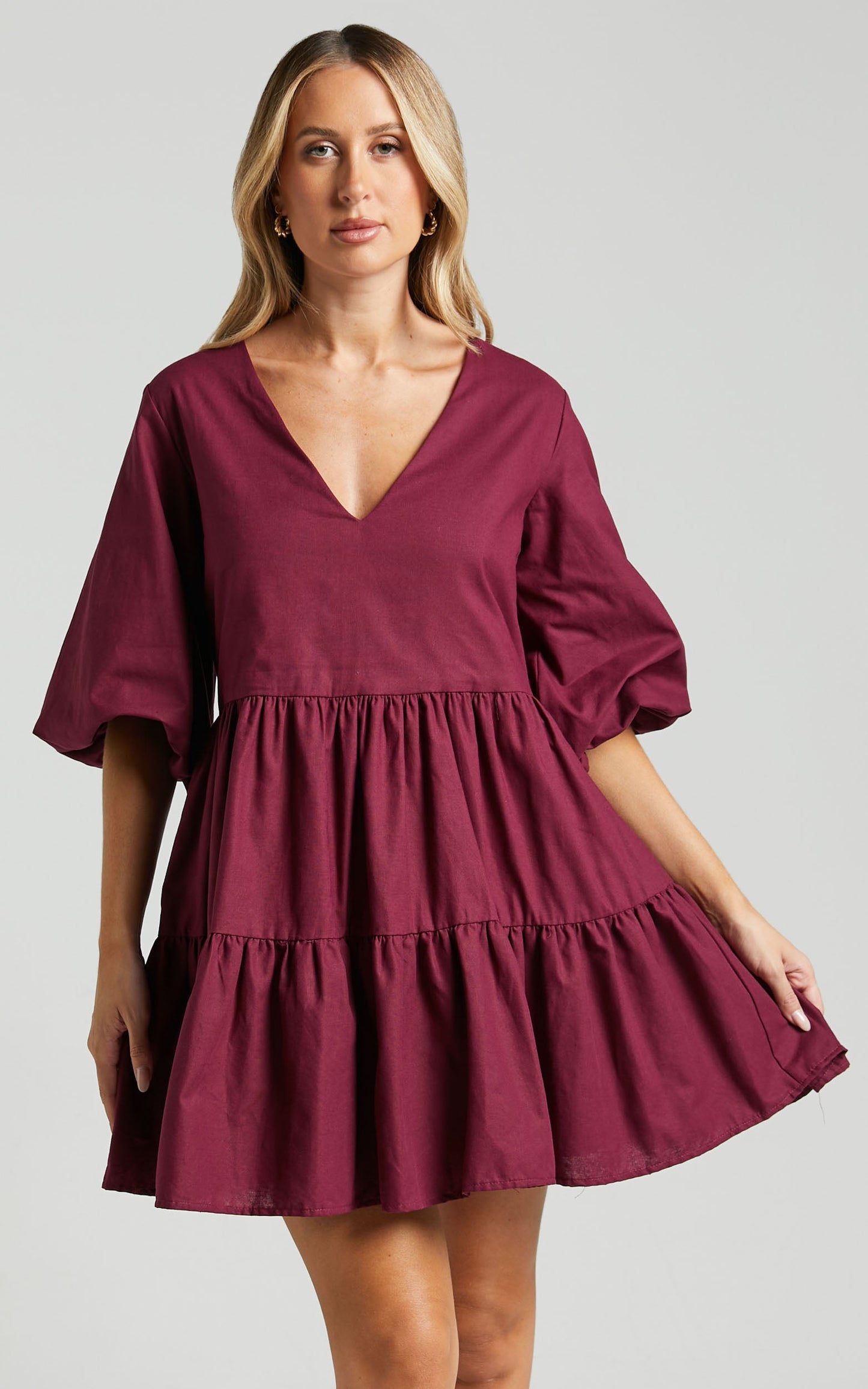 Benson Mini Dress - Tiered Puff Sleeve Dress in Plum