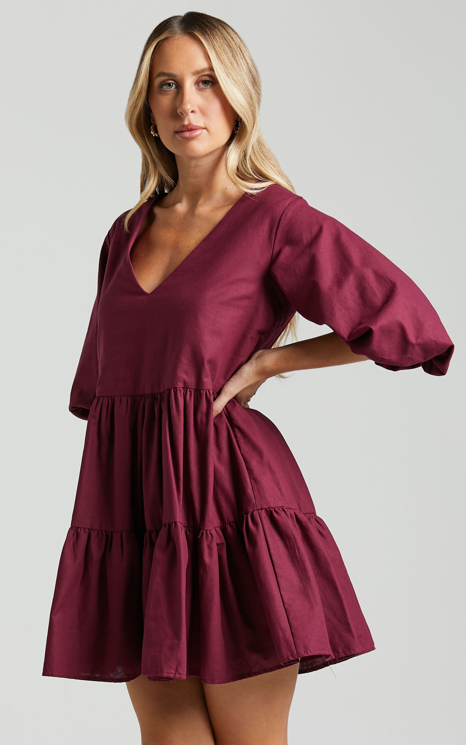 Benson Mini Dress - Tiered Puff Sleeve Dress in Plum