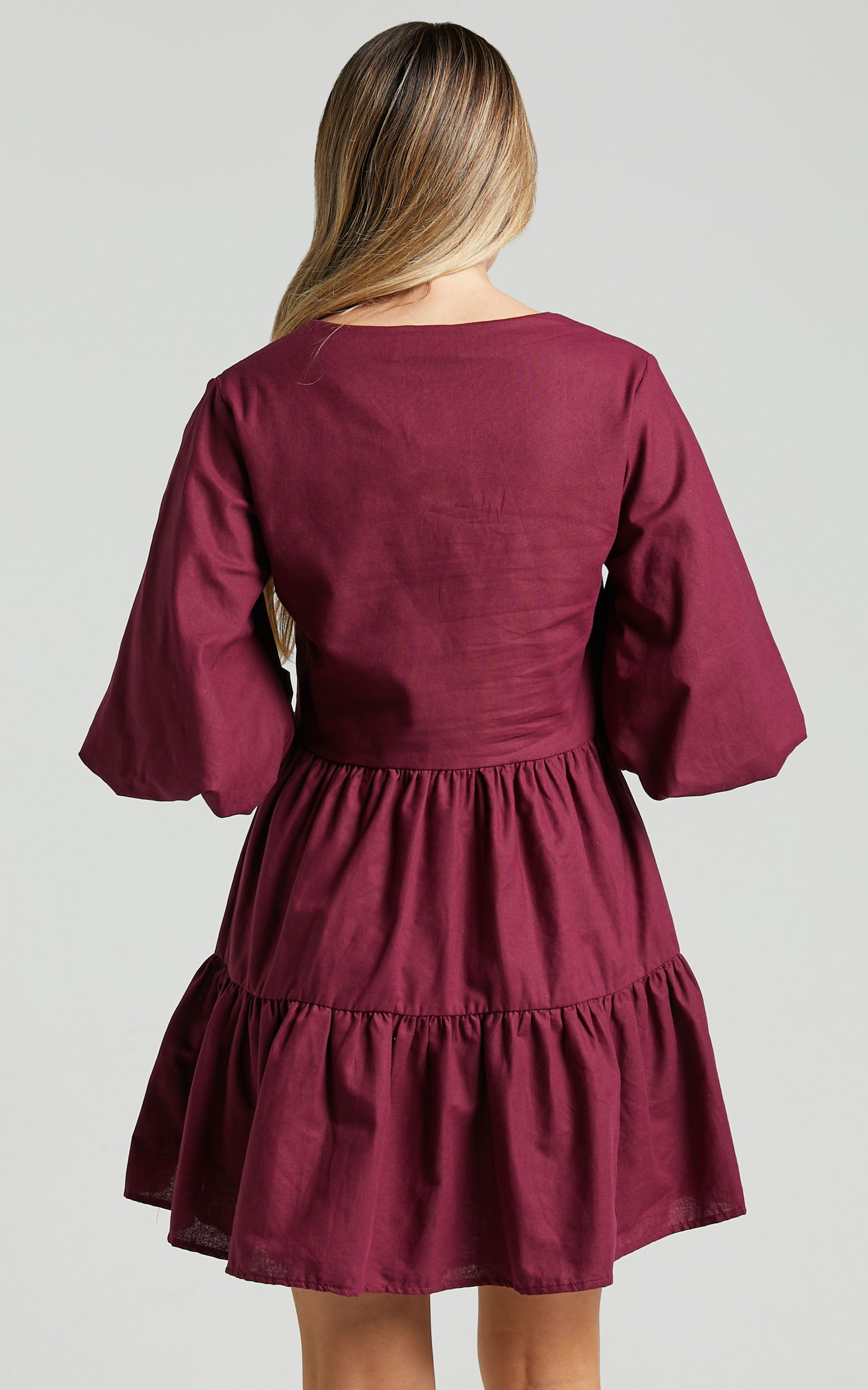 Benson Mini Dress - Tiered Puff Sleeve Dress in Plum