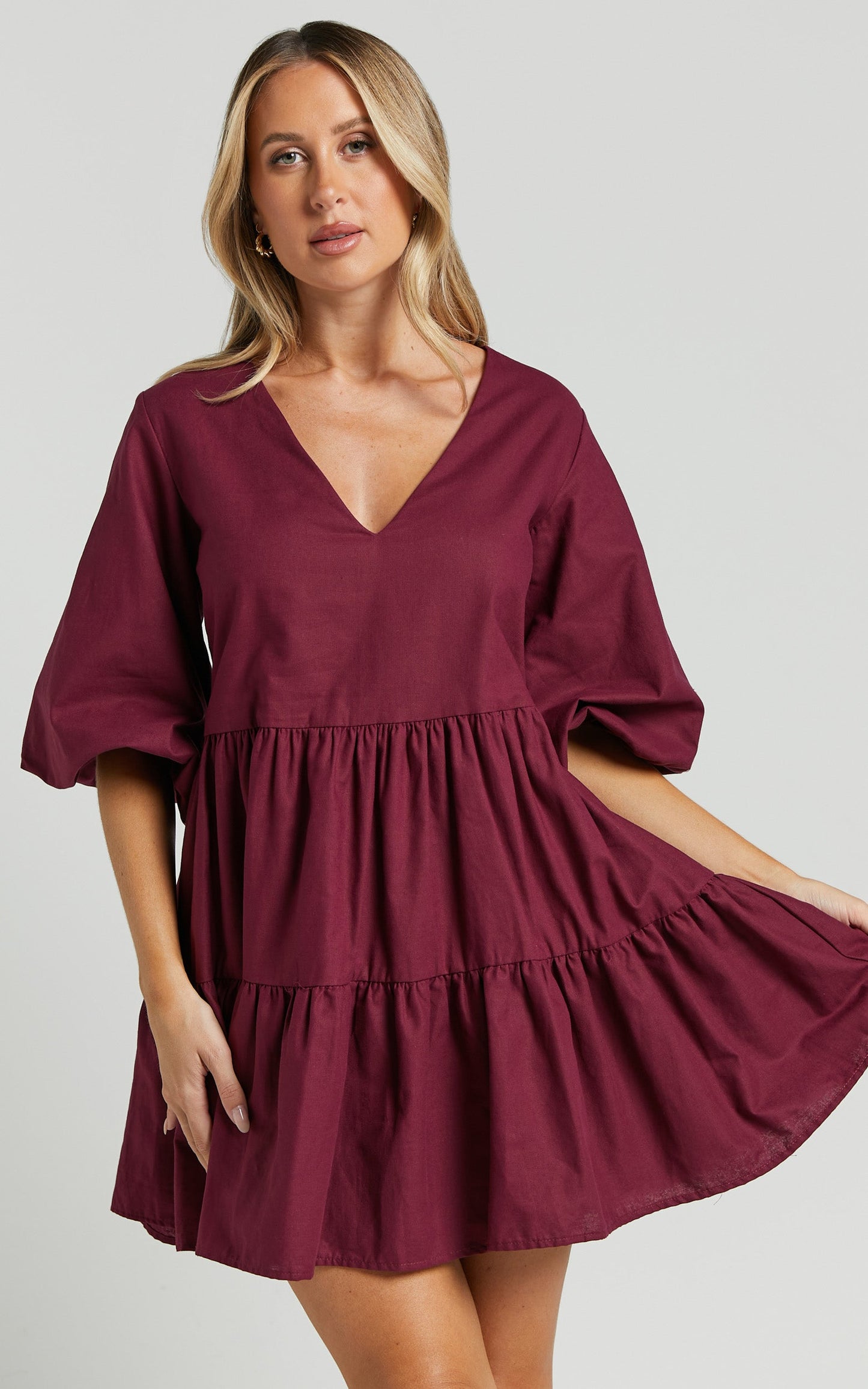 Benson Mini Dress - Tiered Puff Sleeve Dress in Plum