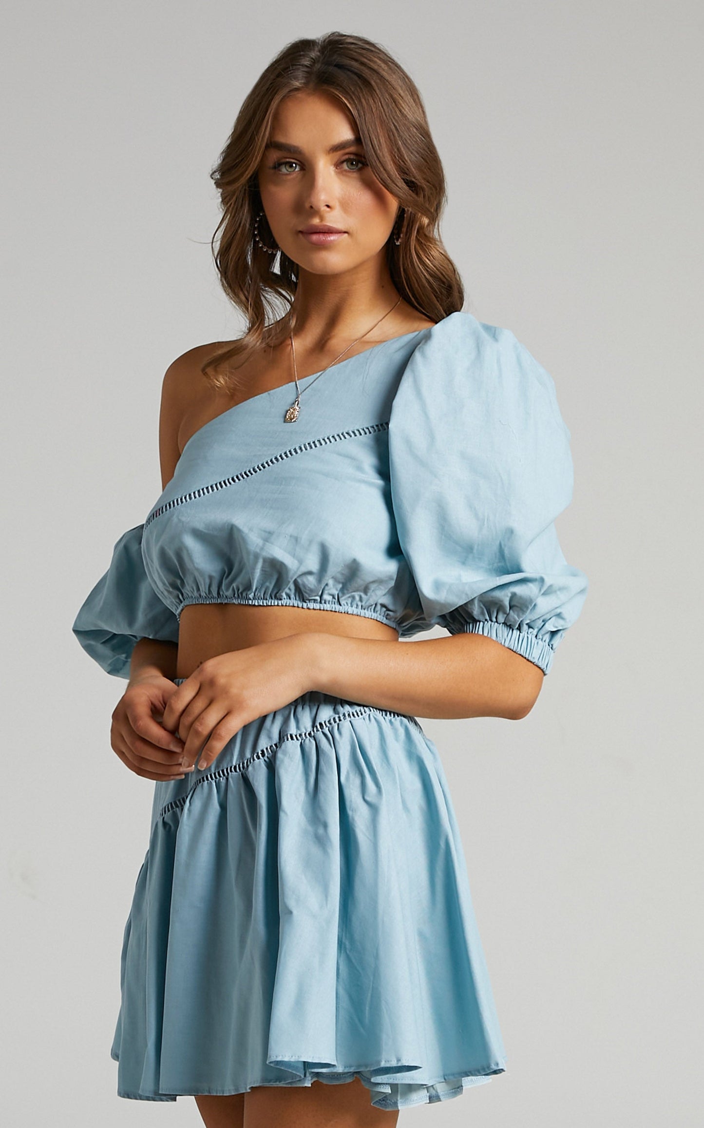 Berlyn Two Piece Set - Off Shoulder Puff Sleeve and Mini Skirt in Cornflower Blue