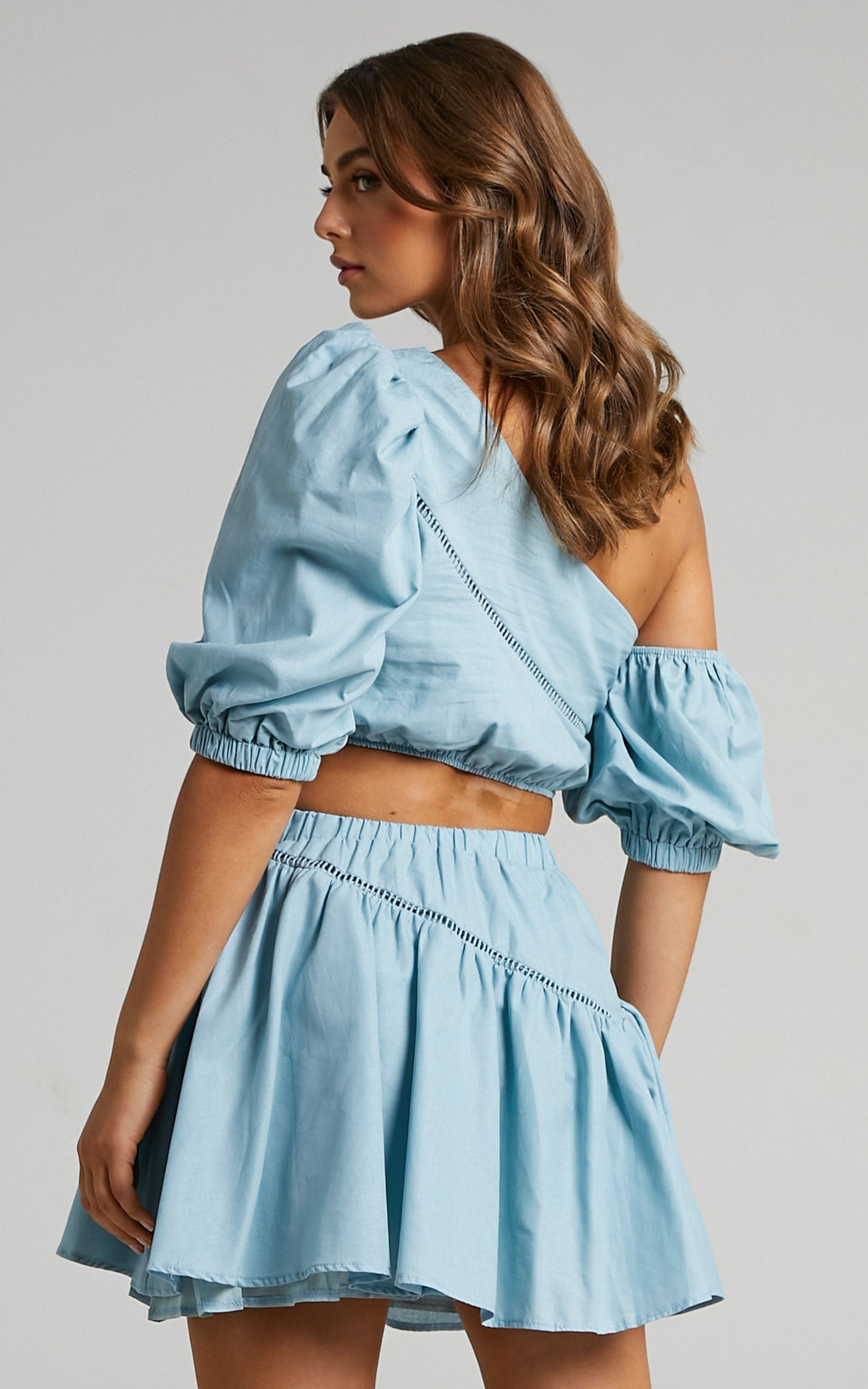 Berlyn Two Piece Set - Off Shoulder Puff Sleeve and Mini Skirt in Cornflower Blue