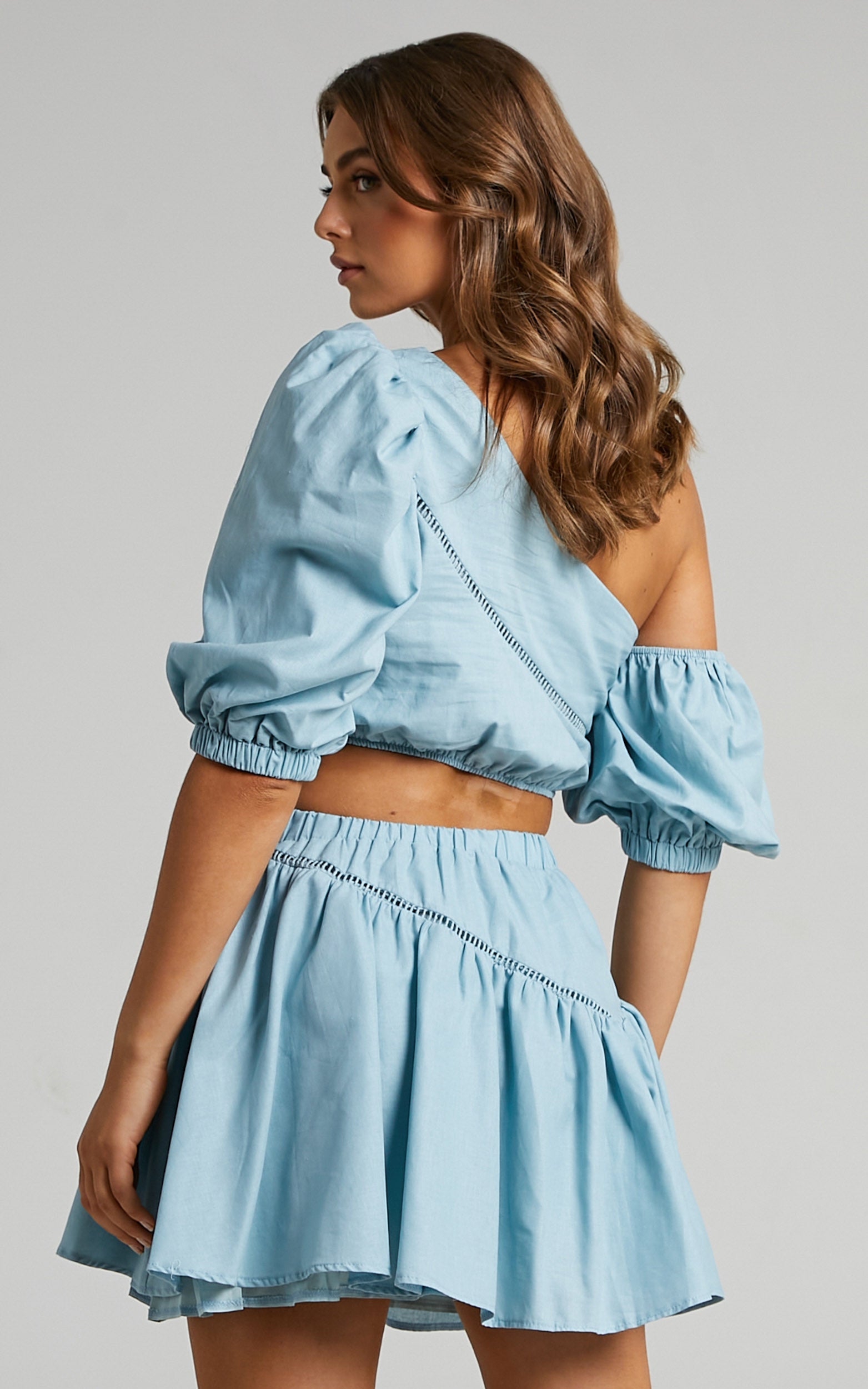 Berlyn Two Piece Set - Off Shoulder Puff Sleeve and Mini Skirt in Cornflower Blue