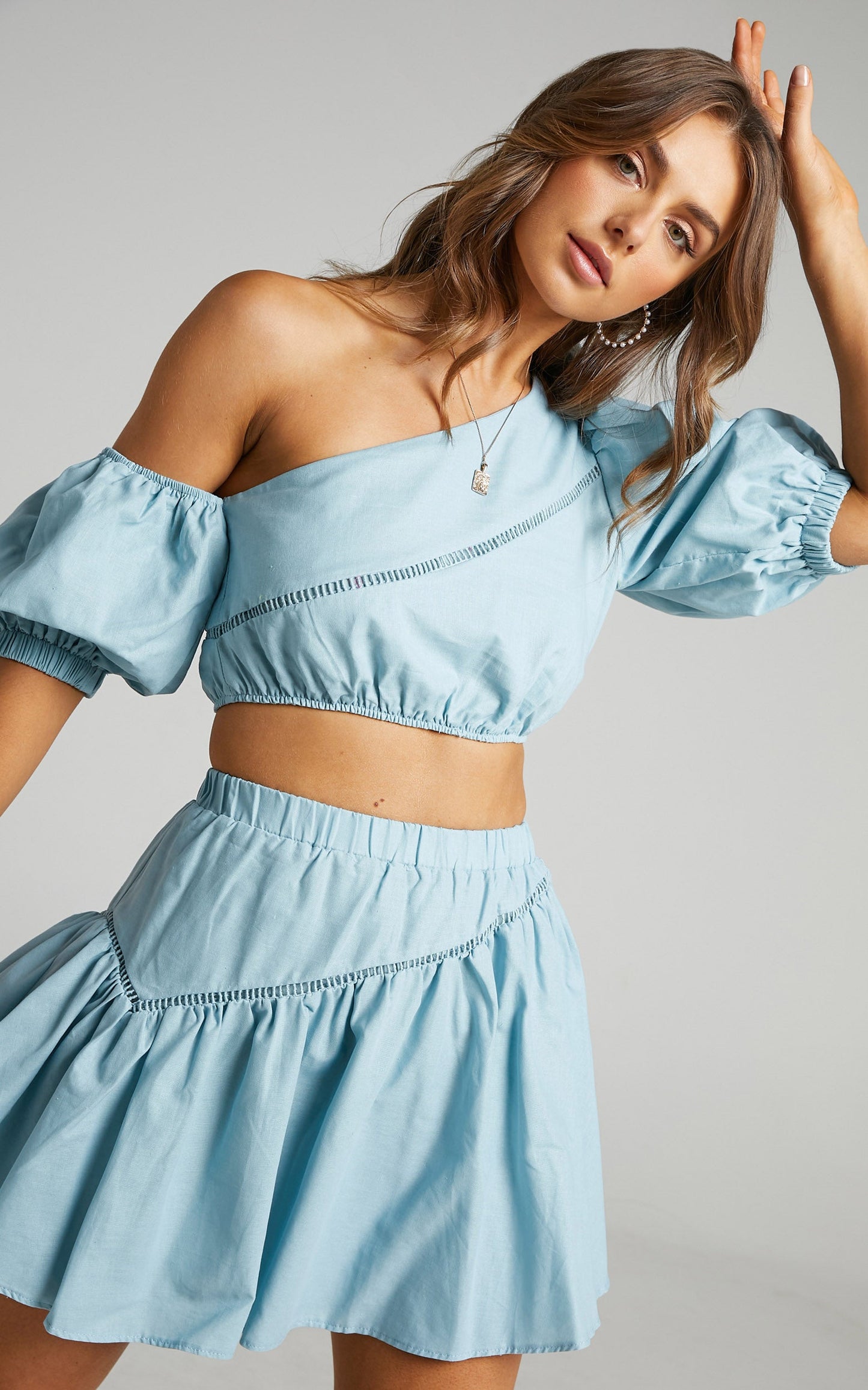 Berlyn Two Piece Set - Off Shoulder Puff Sleeve and Mini Skirt in Cornflower Blue