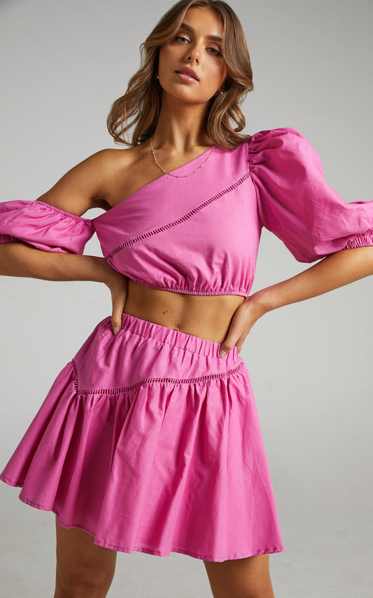 Berlyn Two Piece Set - Off Shoulder Puff Sleeve and Mini Skirt in Pink
