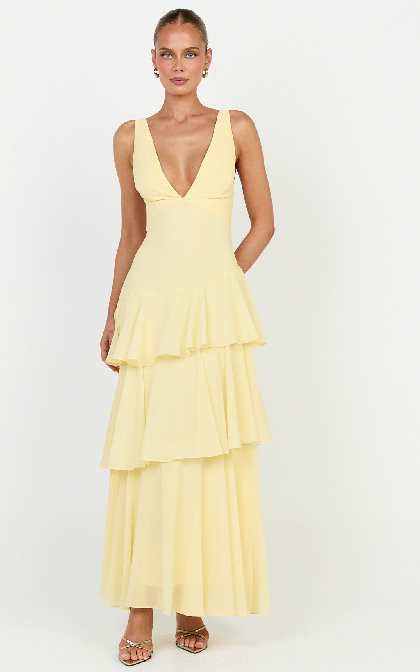 Beryl Midi Dress - Deep V Neck Sleeveless Layered Dress in Lemon