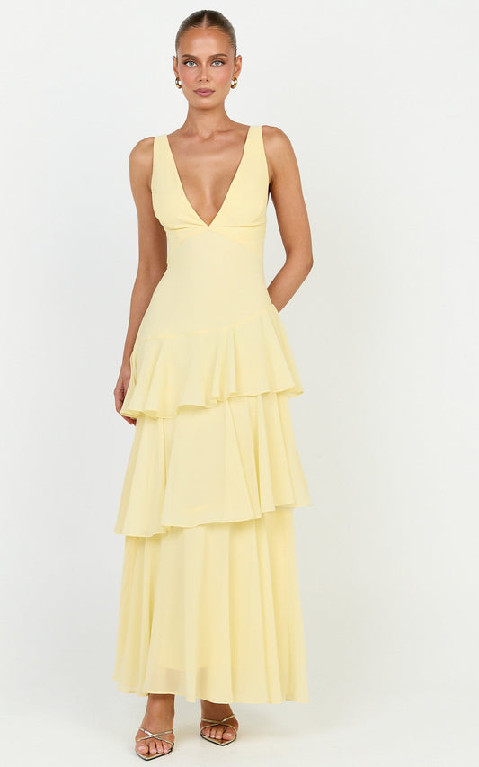 Beryl Midi Dress - Deep V Neck Sleeveless Layered Dress in Lemon