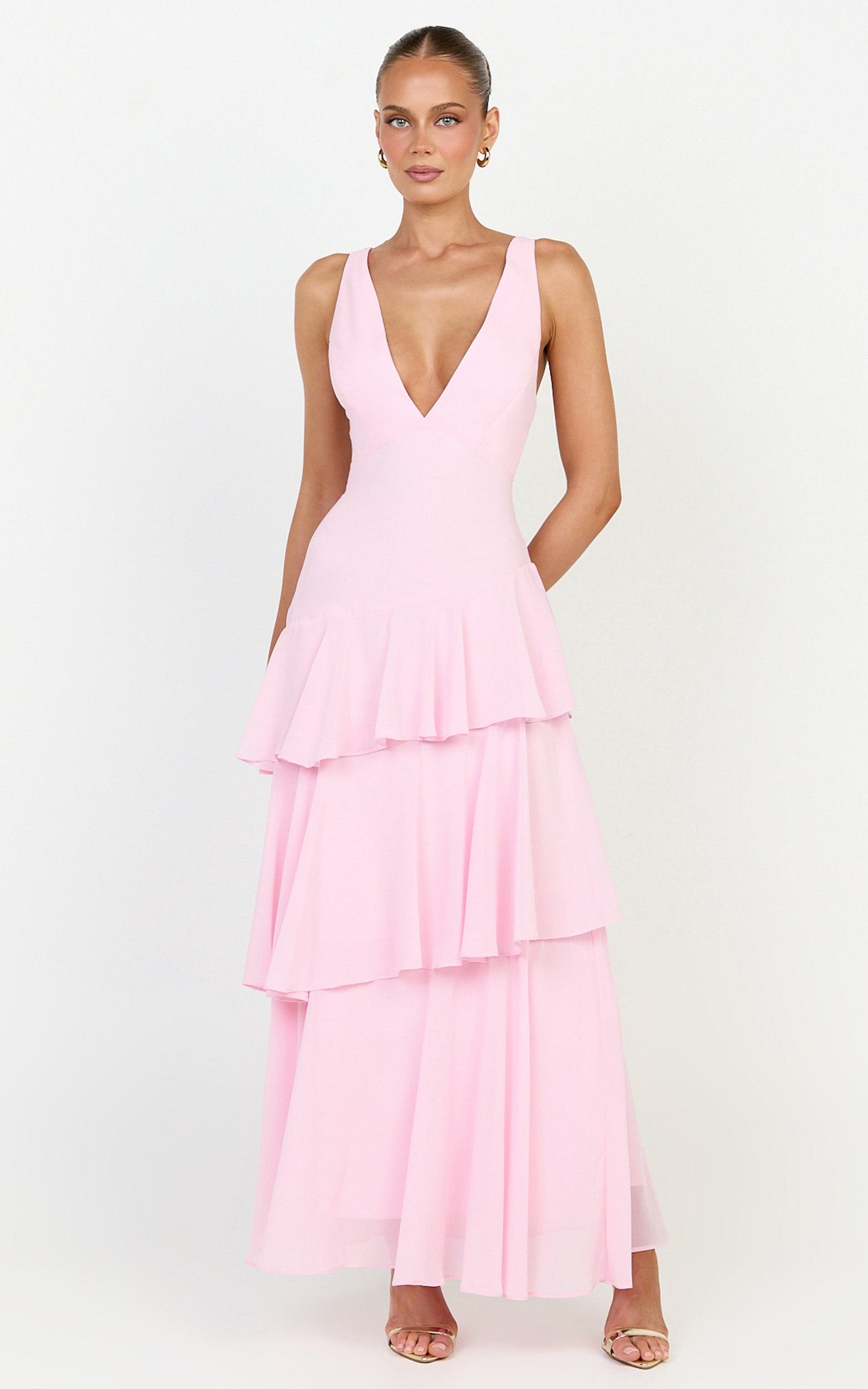Beryl Midi Dress - Deep V Neck Sleeveless Layered Dress in Pink