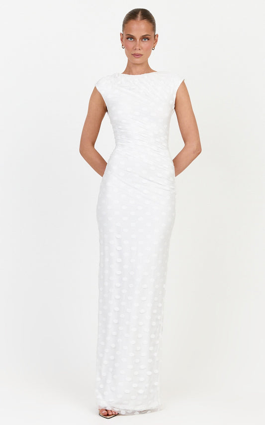 Bessette Maxikleid – Gepunktetes Mesh-Maxikleid in Elfenbein