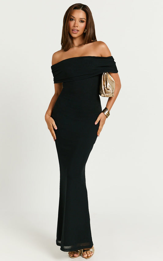 Bethanie Midi Dress - Off The Shoulder Mesh Dress in Black