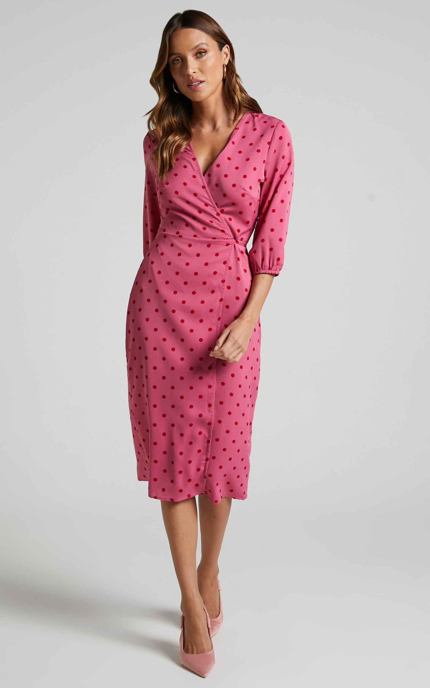 Bethrix Midi Dress - 3/4 Sleeve Wrap Dress in Pink and Red Polka Dot