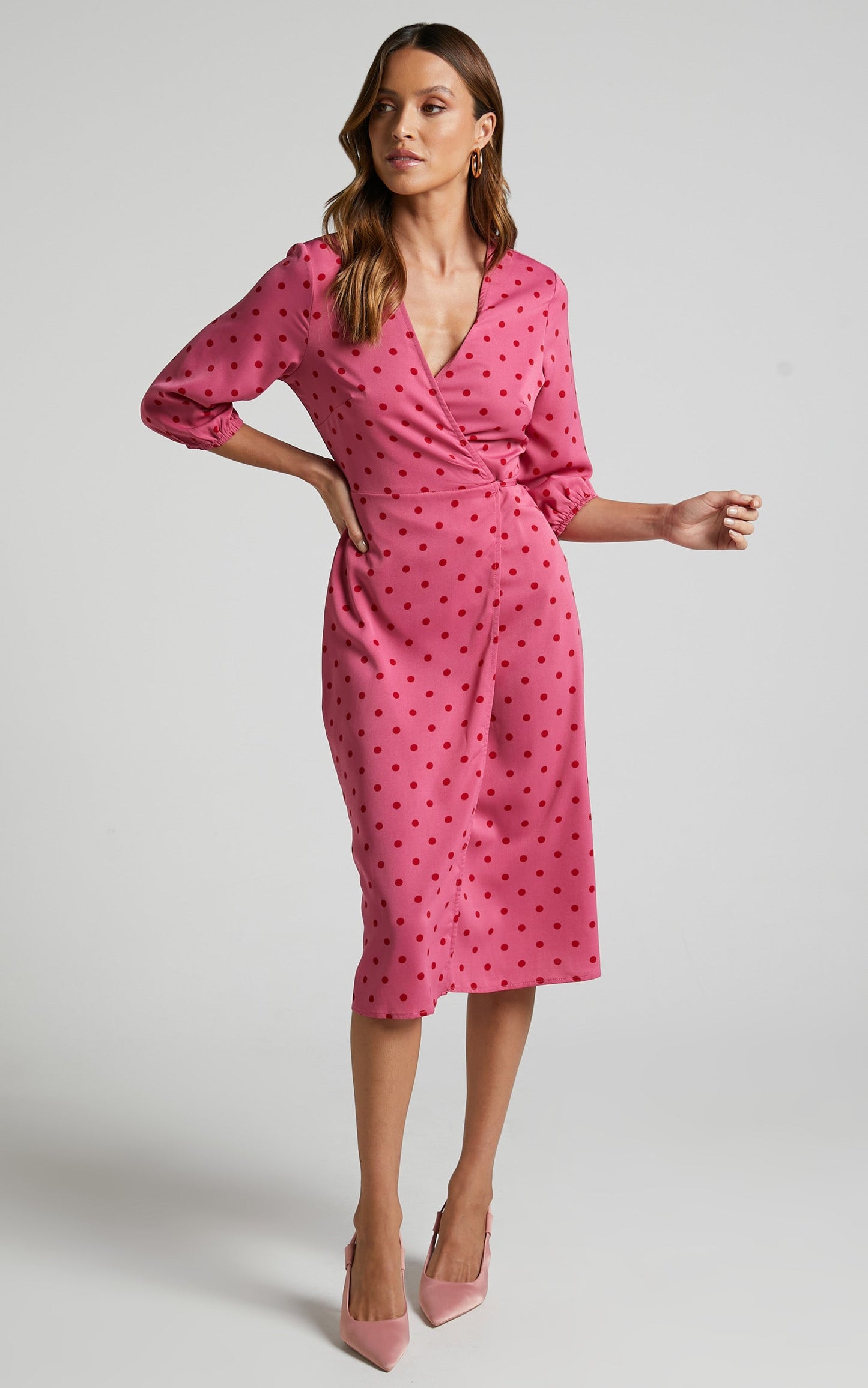 Bethrix Midi Dress - 3/4 Sleeve Wrap Dress in Pink and Red Polka Dot