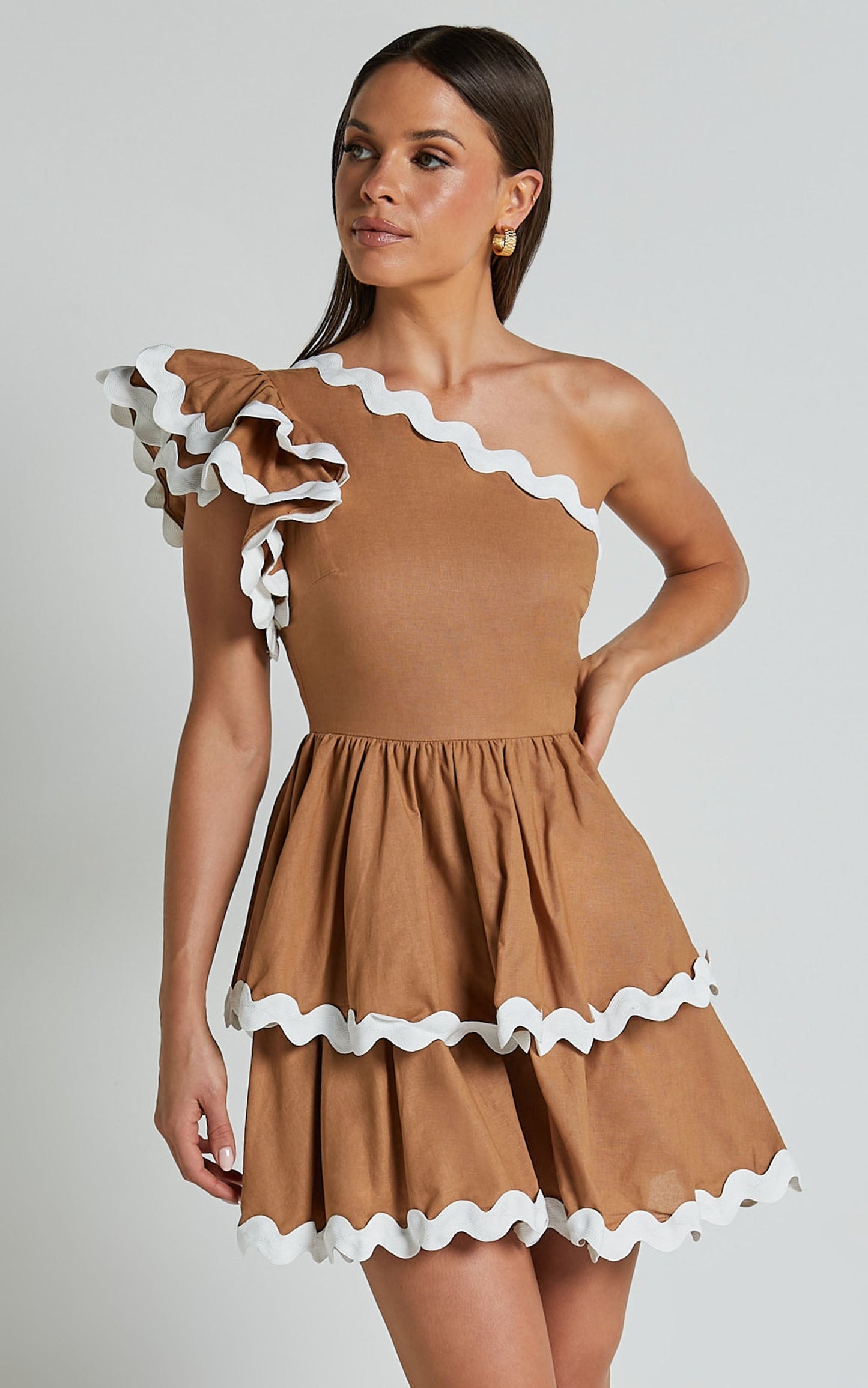 Bette Mini Dress - One Shoulder Ruffle Detail Layered Dress in Tobacco