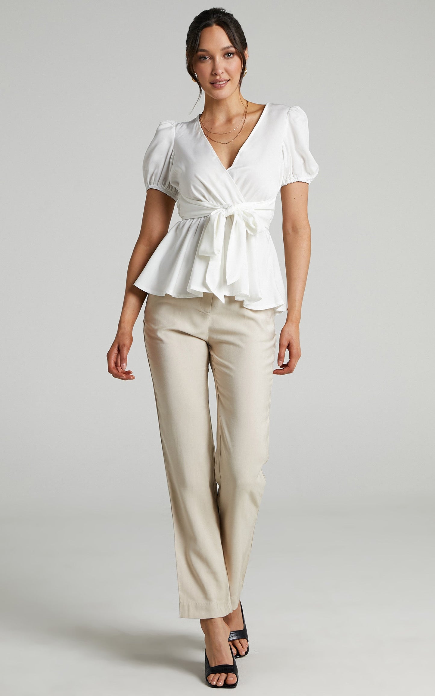 Betts Top - Puff Sleeve Asymmetric Tie Front Peplum Top in White