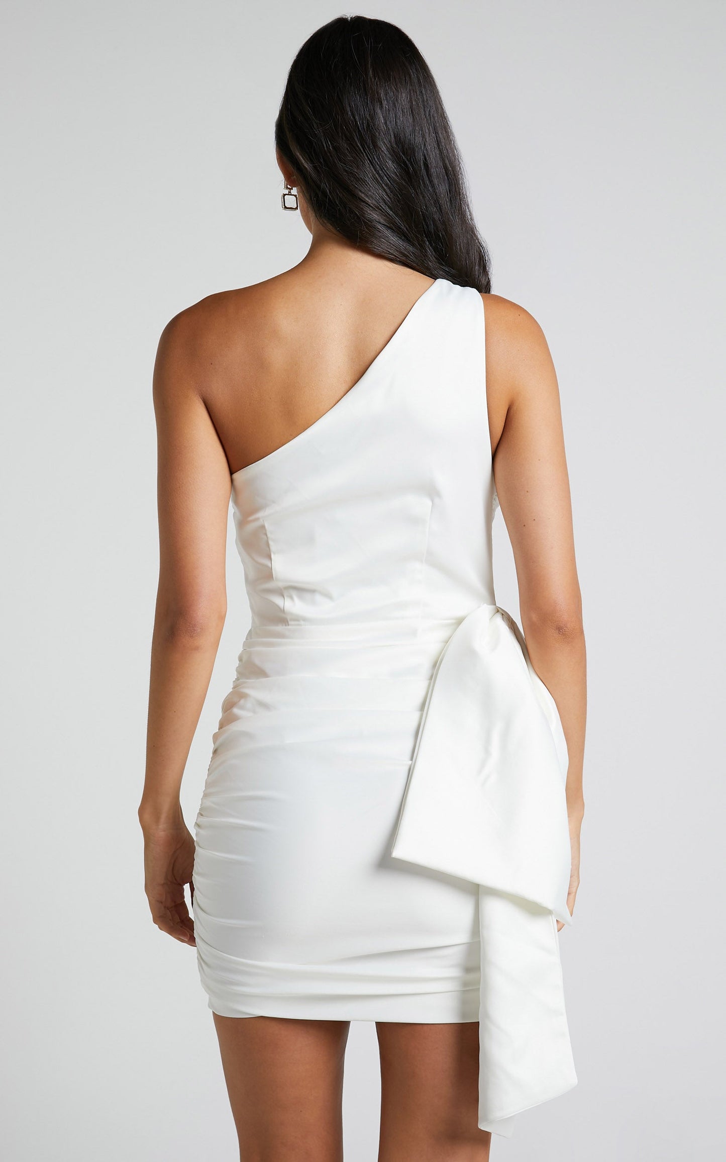 Betty Mini Dress - One Shoulder Side Bow Gathered Dress in White