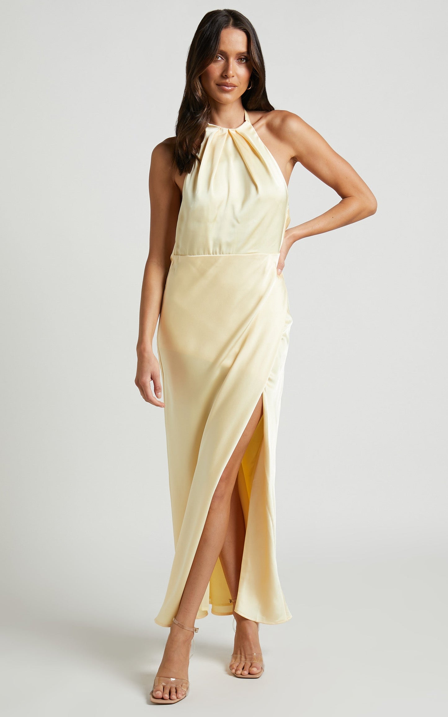 Bia Midi Dress - Gathered Halter Side Split Cowl Back Dress in Butter Yellow