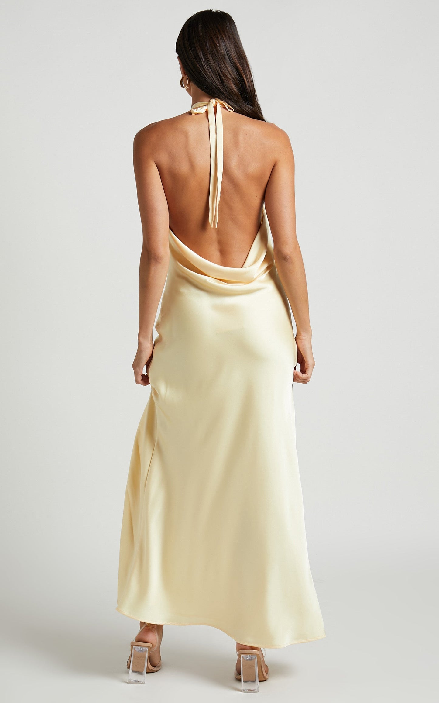 Bia Midi Dress - Gathered Halter Side Split Cowl Back Dress in Butter Yellow