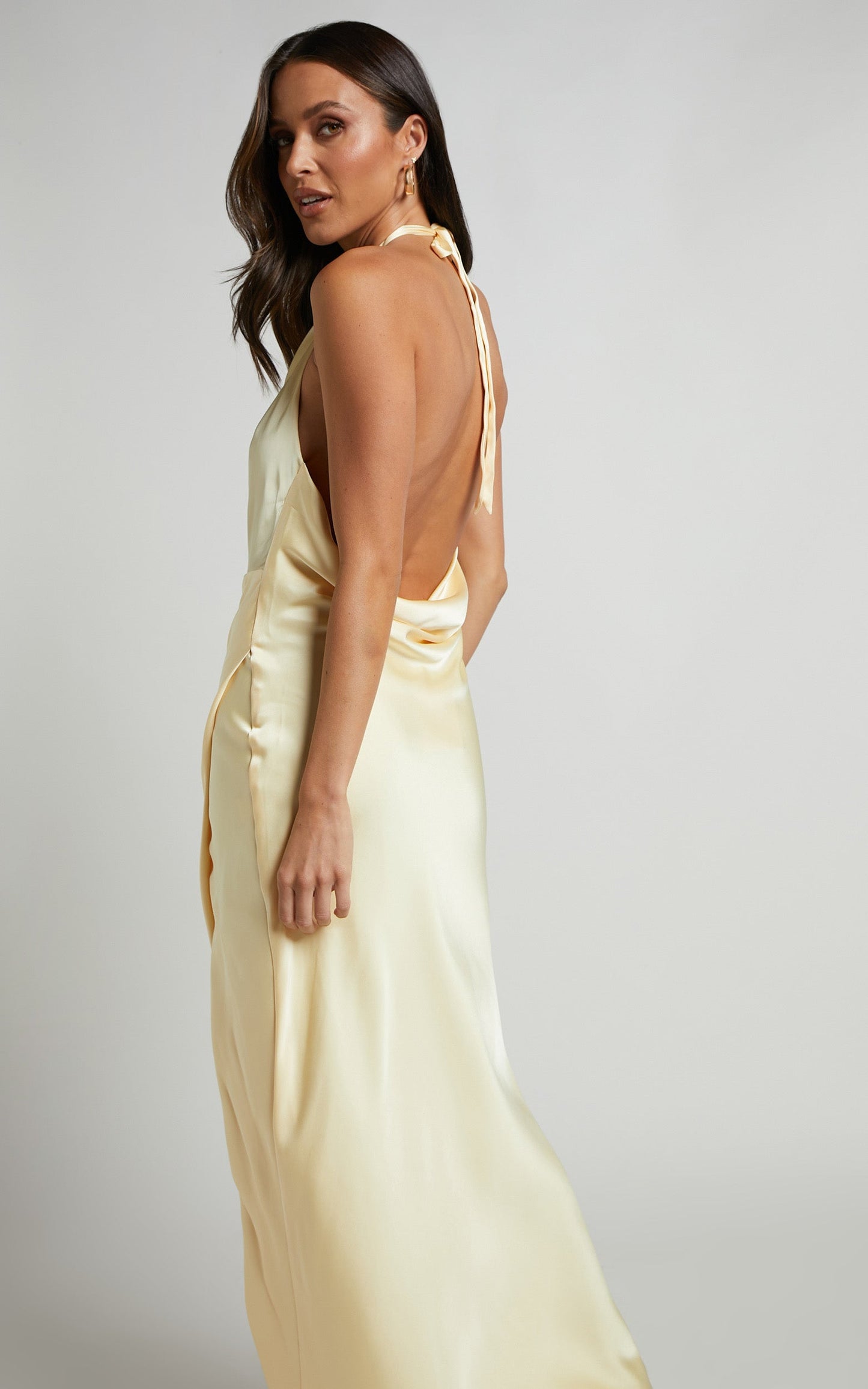 Bia Midi Dress - Gathered Halter Side Split Cowl Back Dress in Butter Yellow