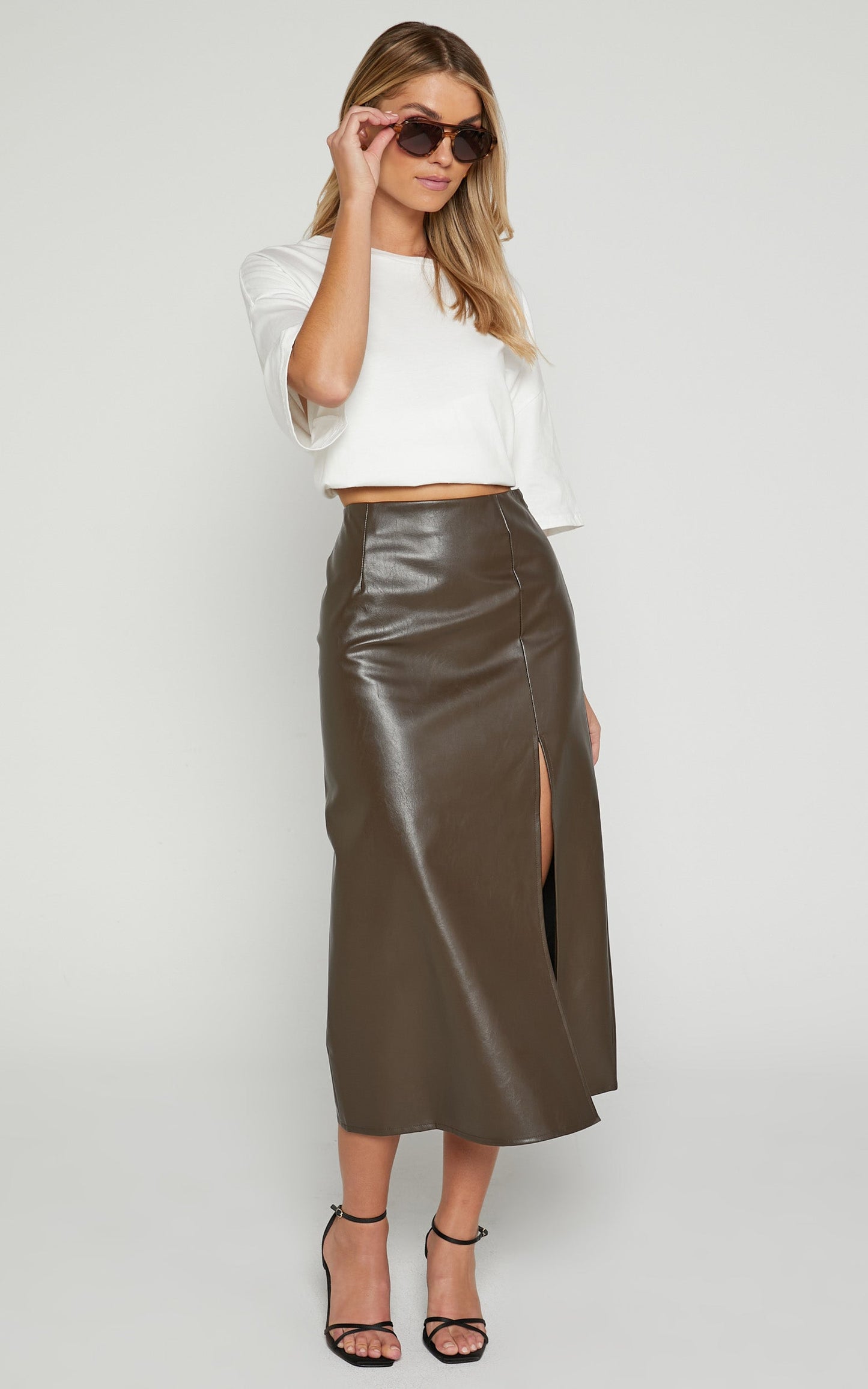 Bianca Midi Skirt - Thigh Split Faux Leather Skirt in Brown