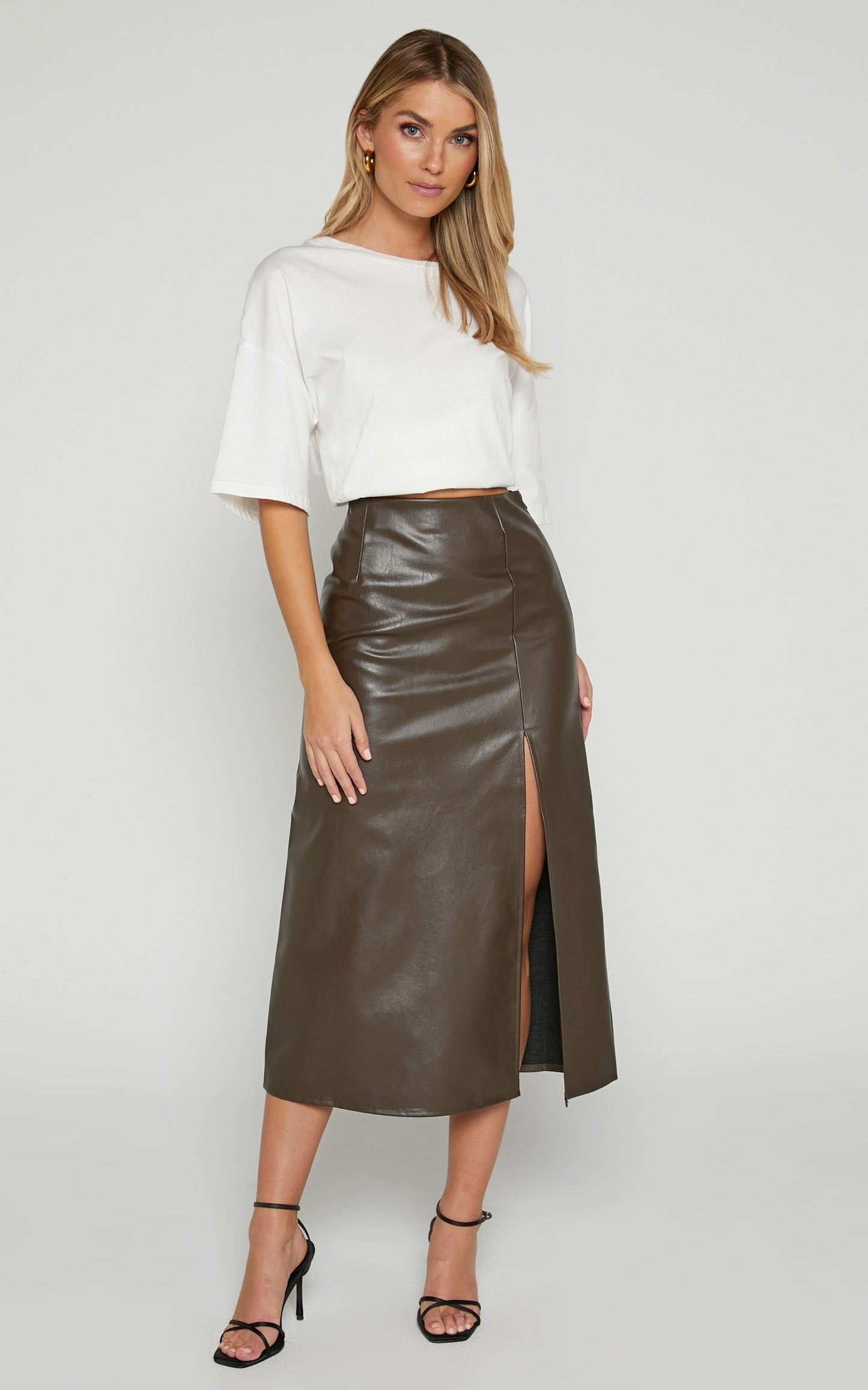 Bianca Midi Skirt - Thigh Split Faux Leather Skirt in Brown