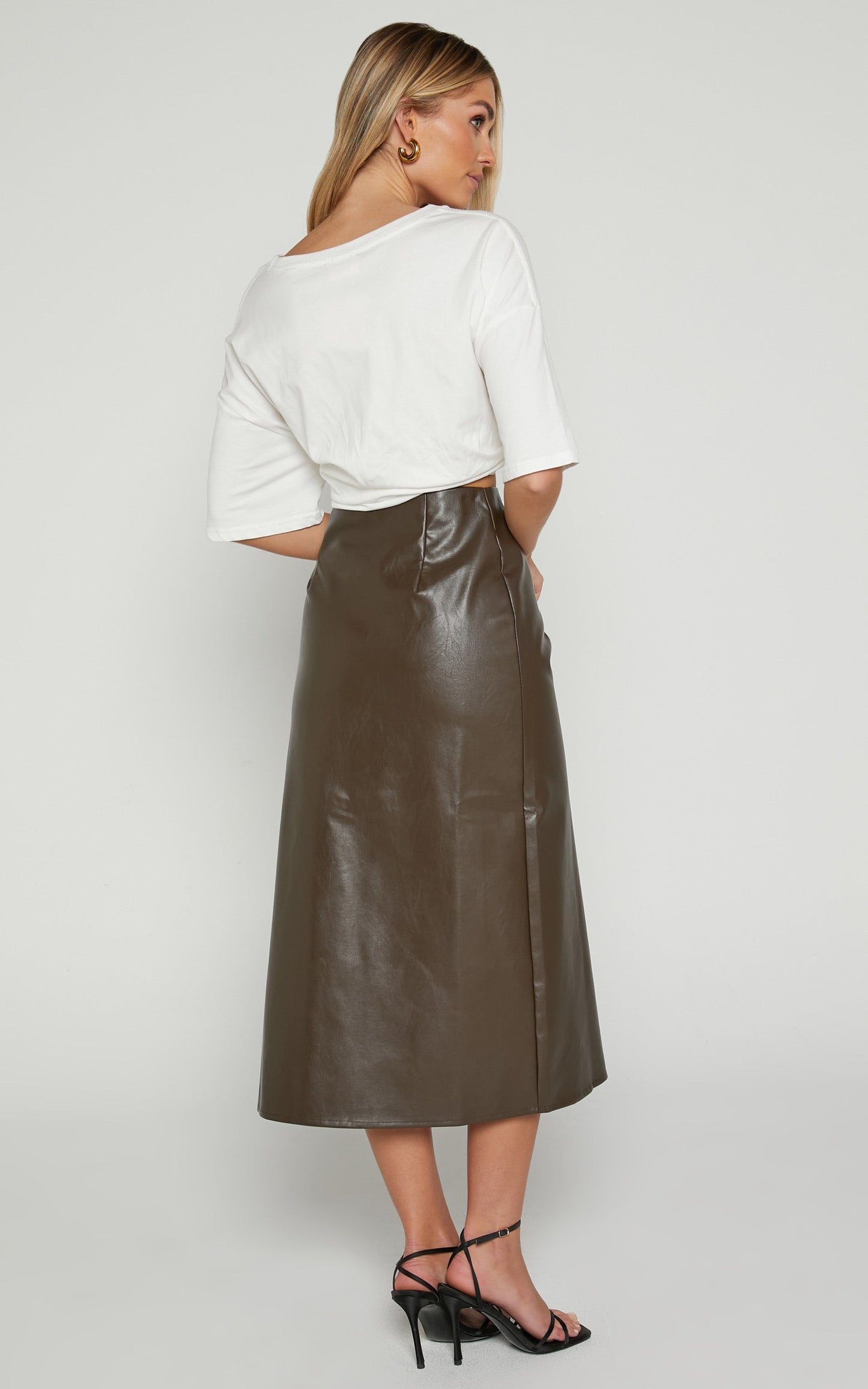 Bianca Midi Skirt - Thigh Split Faux Leather Skirt in Brown