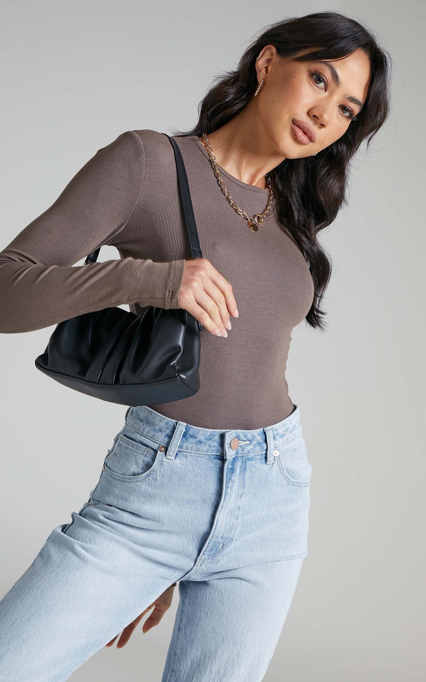 Billa Long Sleeve Ribbed Bodysuit in Mushroom