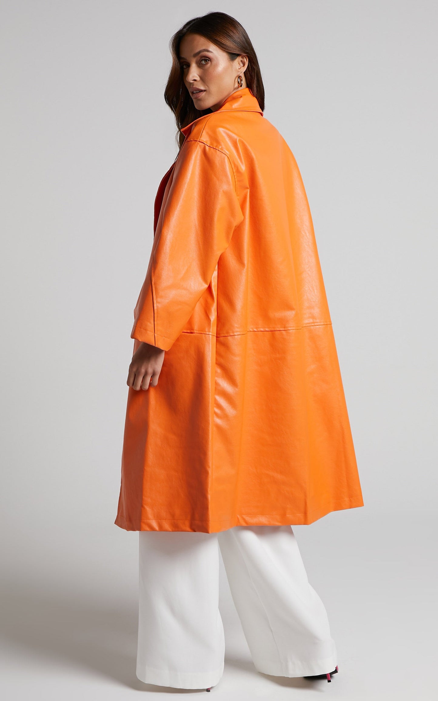 Birdie Trench Coat - Faux Leather Longline Coat in Orange
