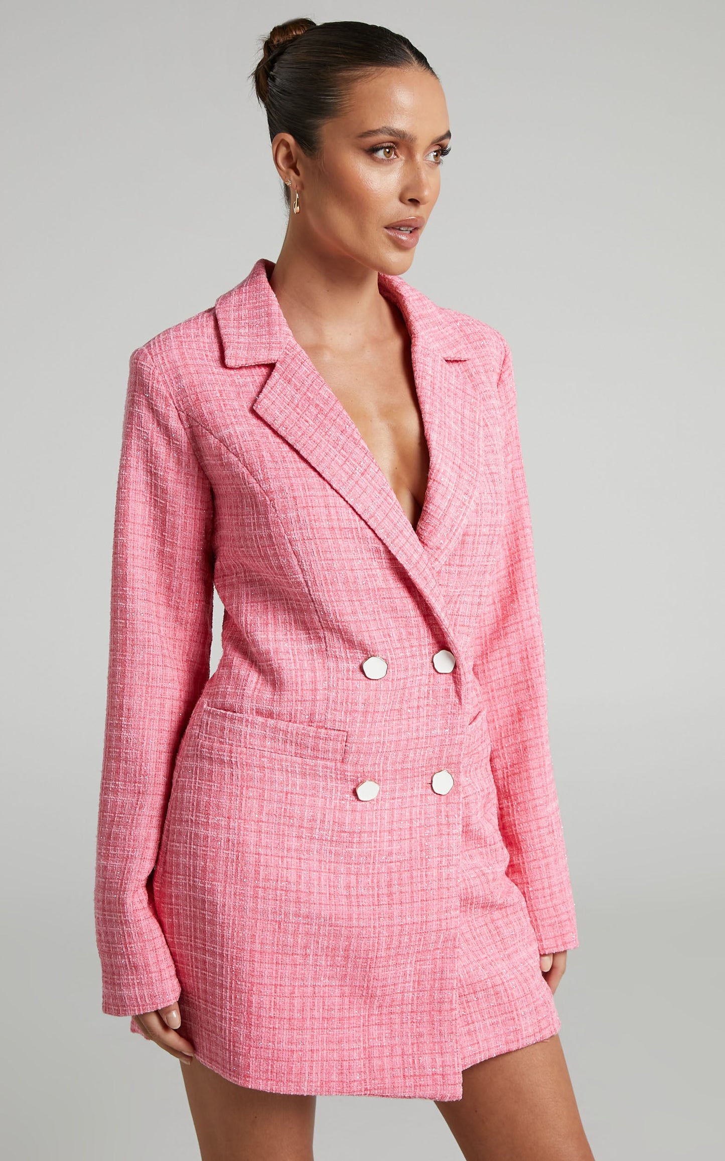Bjorn Mini Dress - Double Breasted Boucle Tweed Blazer Dress in Hot Pink