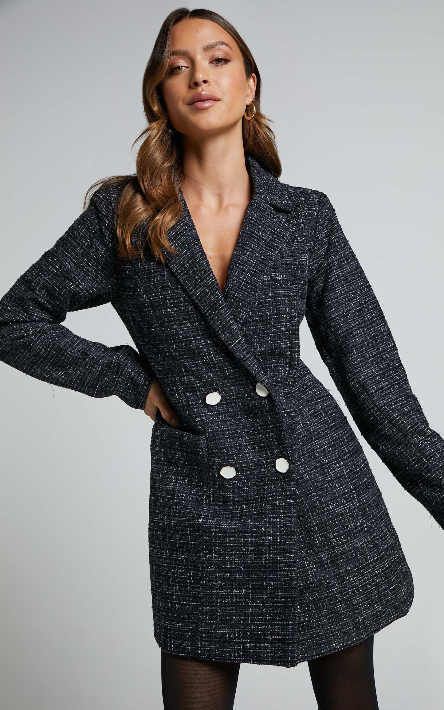 Bjorn Mini Dress - Double Breasted Boucle Tweed Blazer Dress in Black