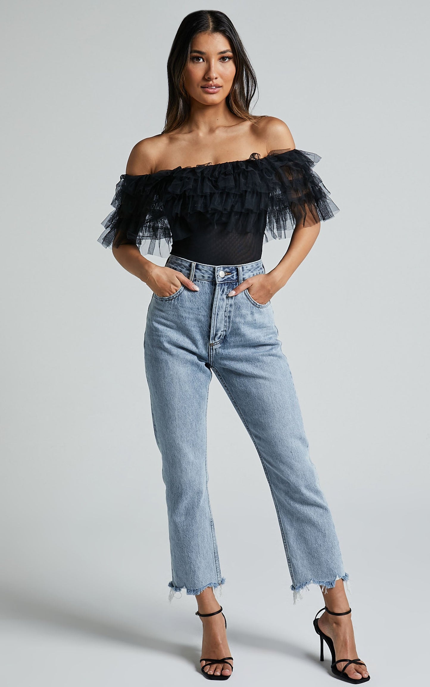 Blake Bodysuit - Off Shoulder Tiered Tulle Bodysuit in Black