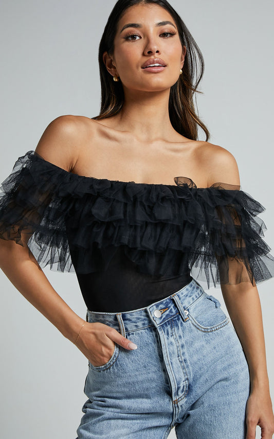 Blake Bodysuit - Off Shoulder Tiered Tulle Bodysuit in Black