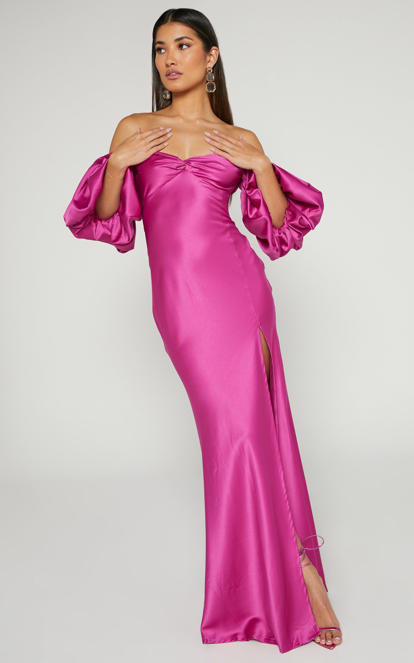Blanche Maxi Dress - Twist Bust Detail Puff Sleeve Thigh Split Dress in Magenta