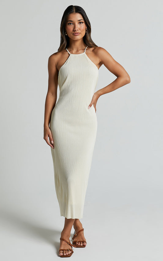 Blythe Midi Dress - Halter Neck Dress in Cream
