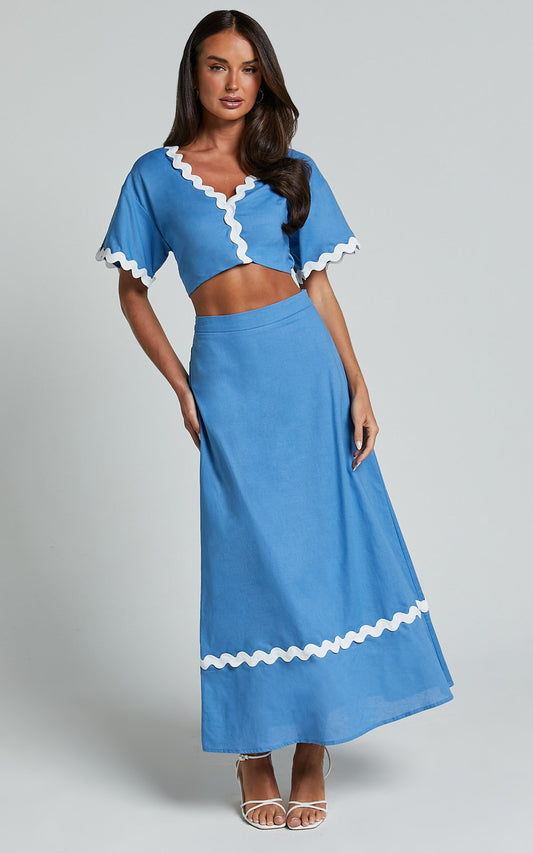 Blythe Two Piece Set - Short Sleeve with Wave Hem A Line Skirt Set in Blue