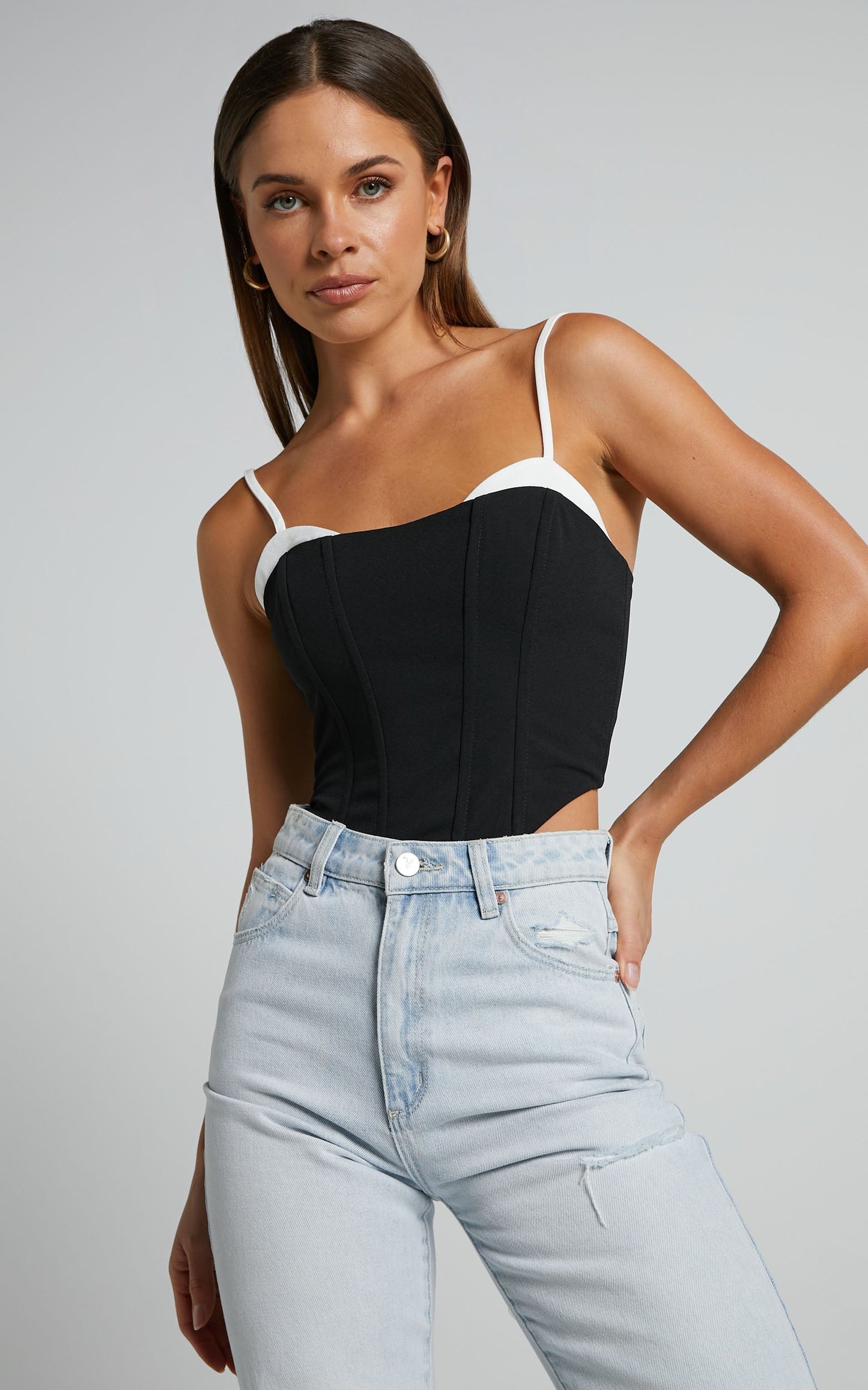 Bonne Top - Faux Bra Detail Panelled Corset Top in Black