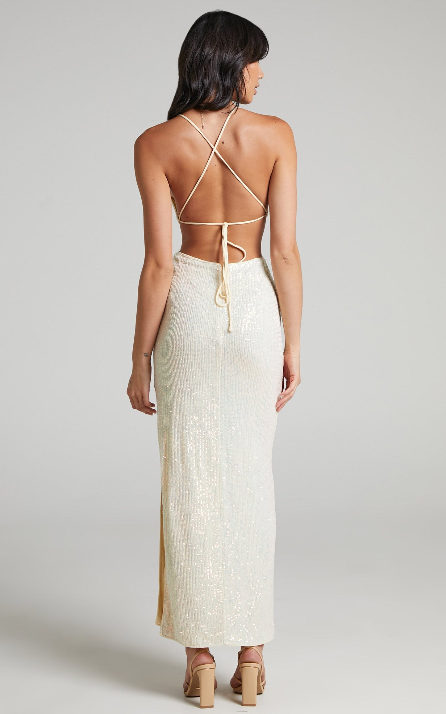 Bonnie Cut Out Maxi Dress in Champagne Sequin