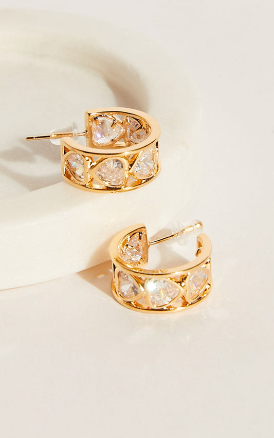 Bordeaux Wide Heart Detail Hoop Earrings in Clear Gold