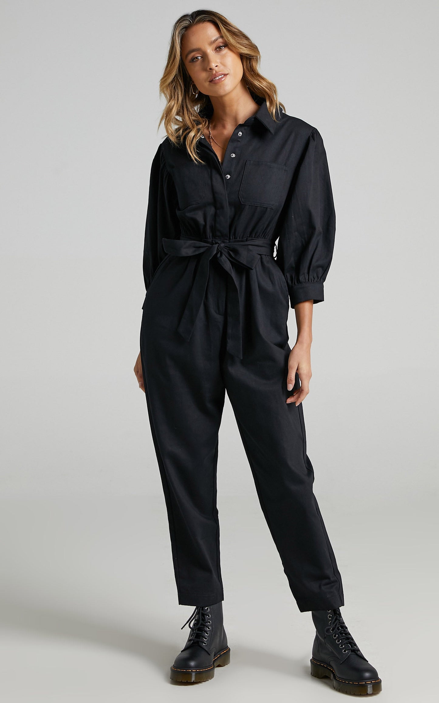 Bradfield Jumpsuit - Centre Tie Collared Jumpsuit in Black
