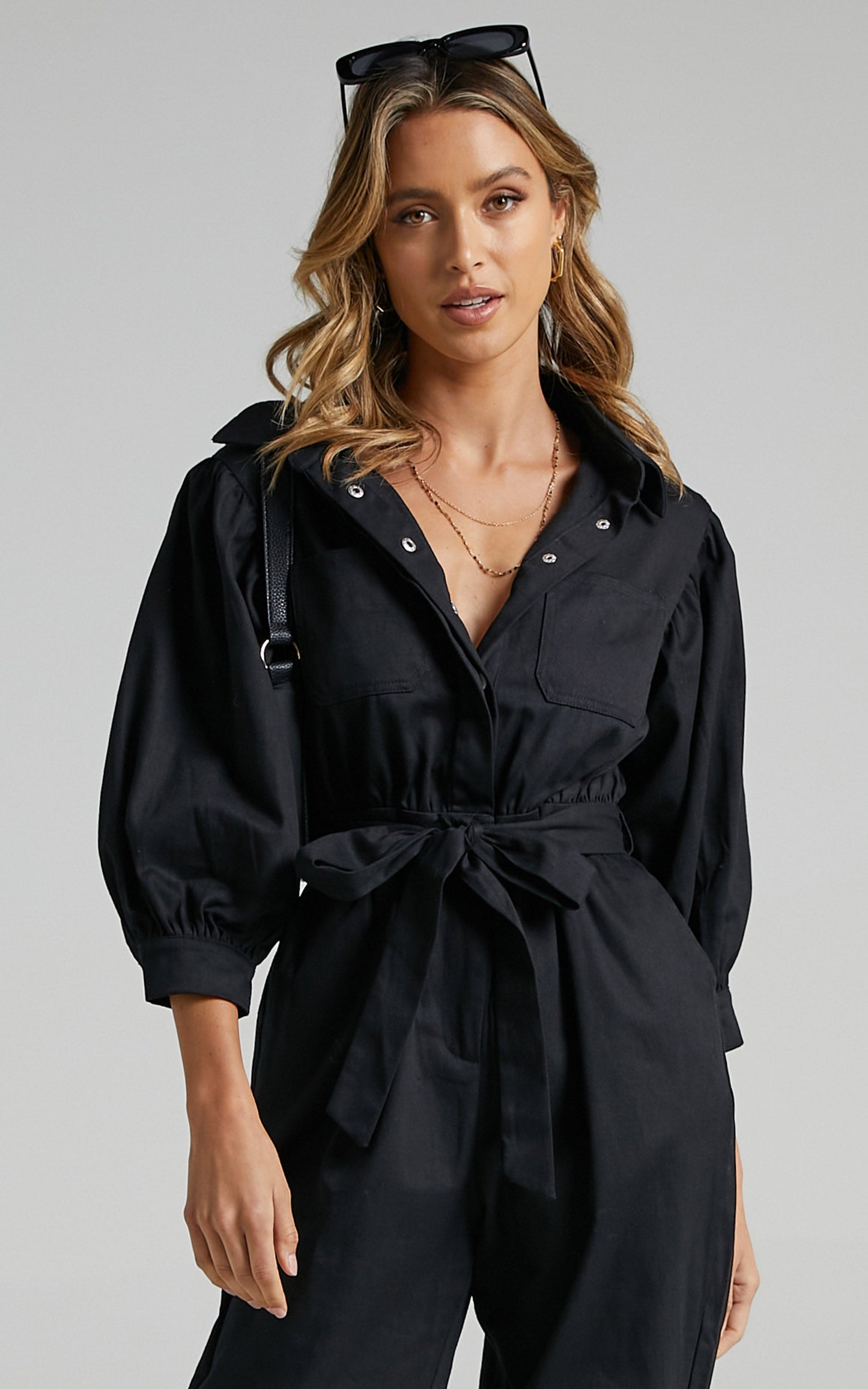 Bradfield Jumpsuit - Centre Tie Collared Jumpsuit in Black