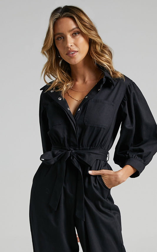Bradfield Jumpsuit - Centre Tie Collared Jumpsuit in Black