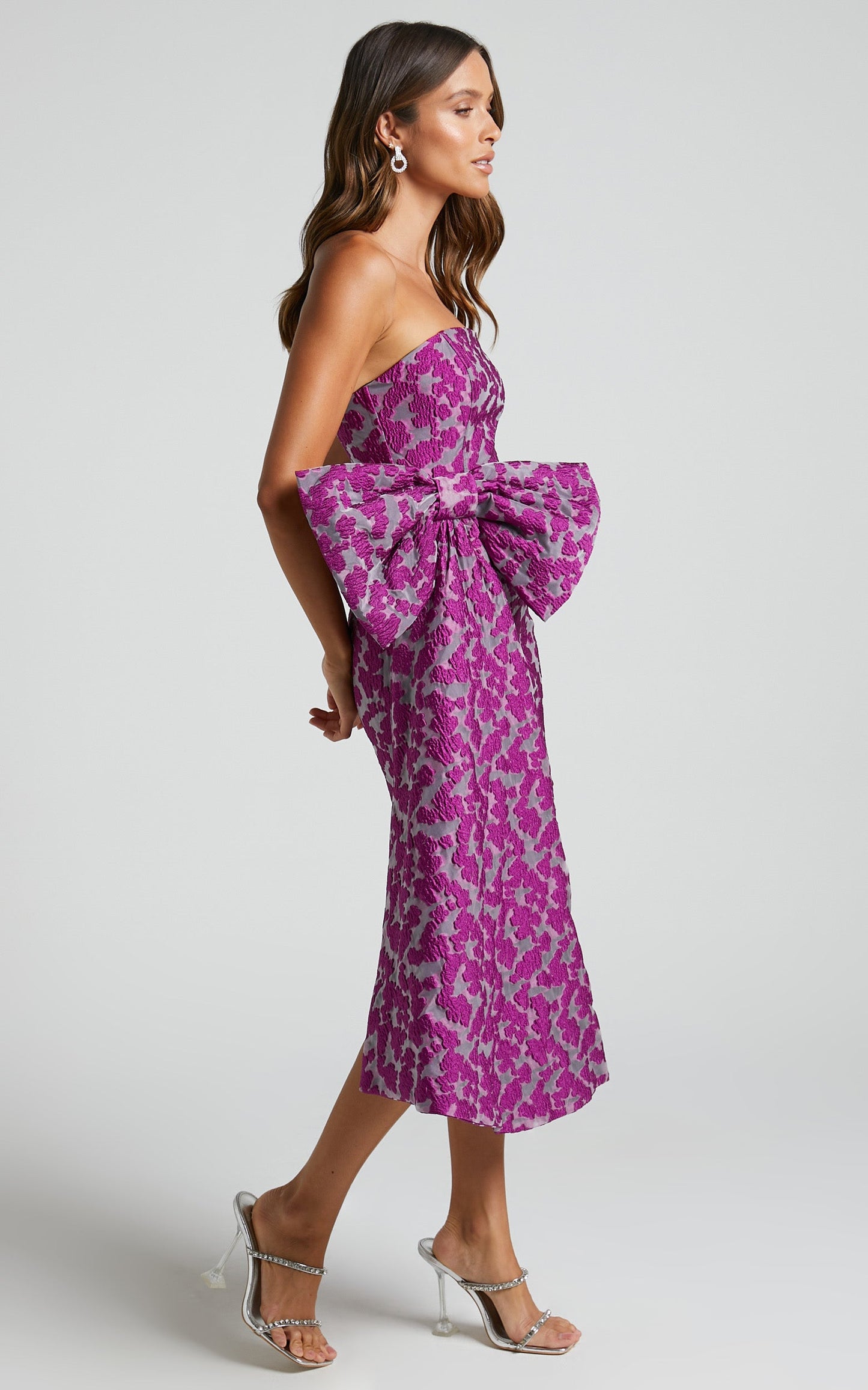 Brailey Mae Mini Dress - Side Bow Strapless Dress in Purple Jacquard