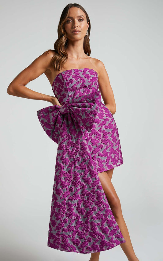Brailey Mae Mini Dress - Side Bow Strapless Dress in Purple Jacquard