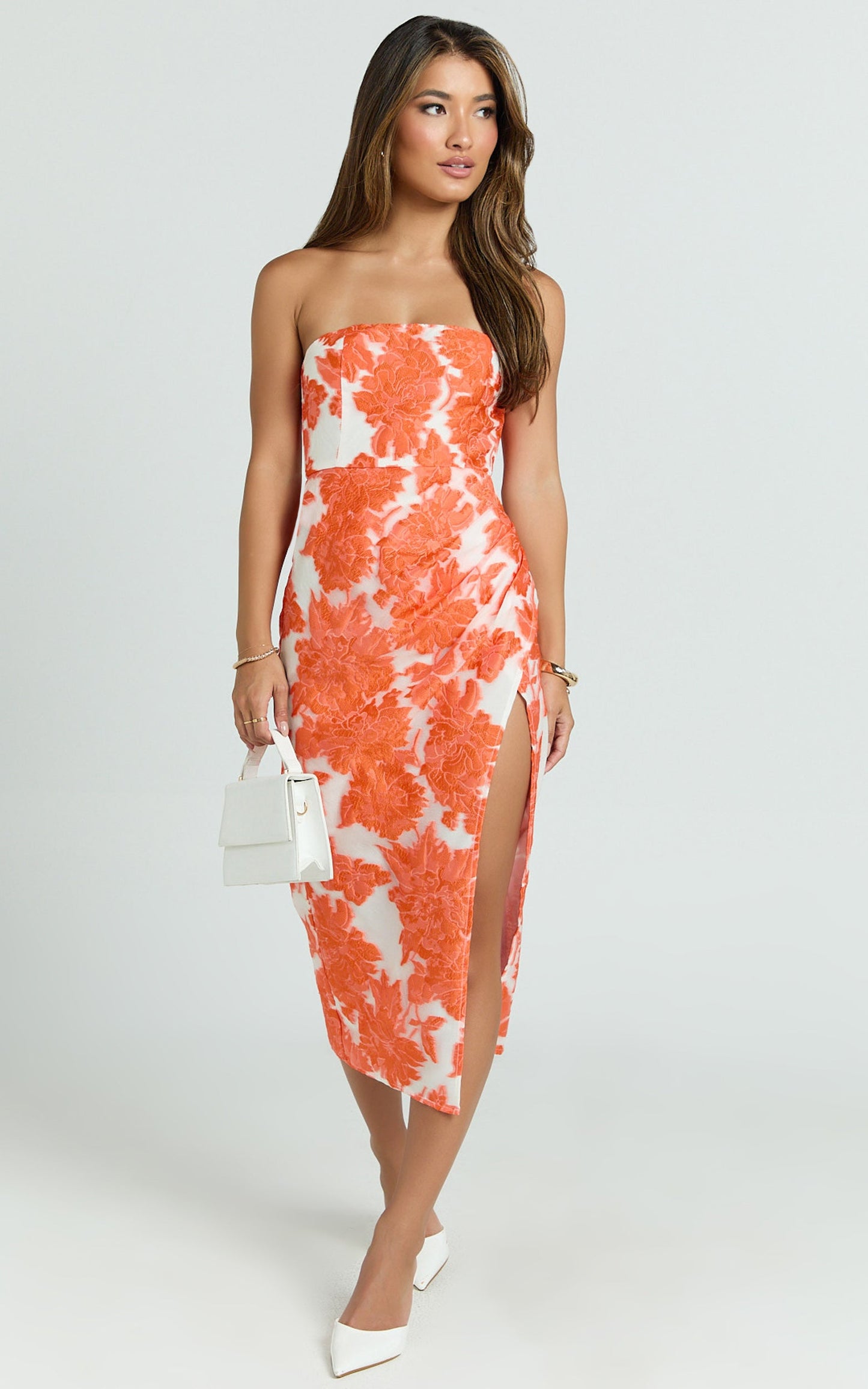 Brailey Midi Dress - Thigh Split Strapless Dress in Orange & White Jacquard