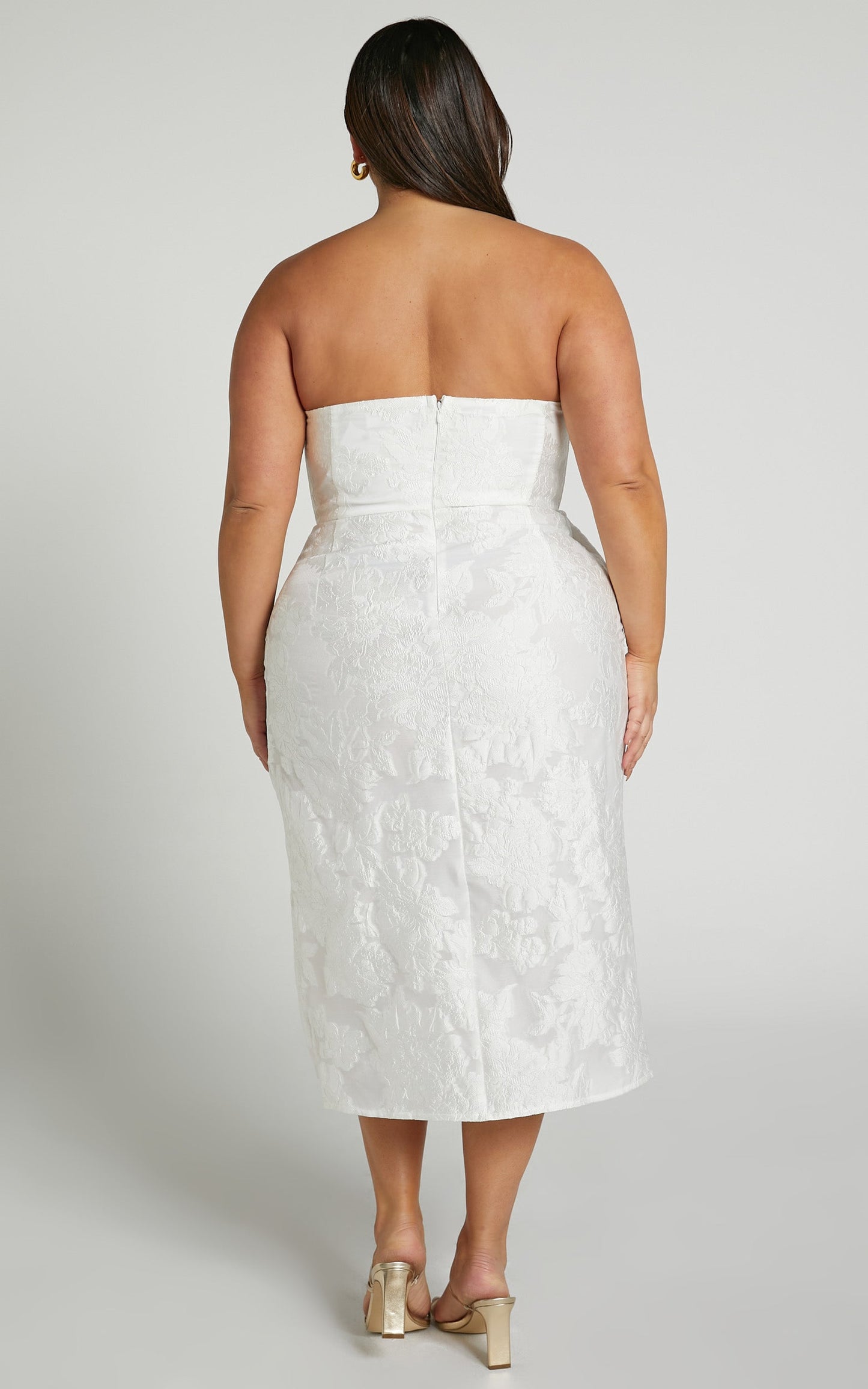 Brailey Midi Dress - Thigh Split Strapless Dress in White Jacquard
