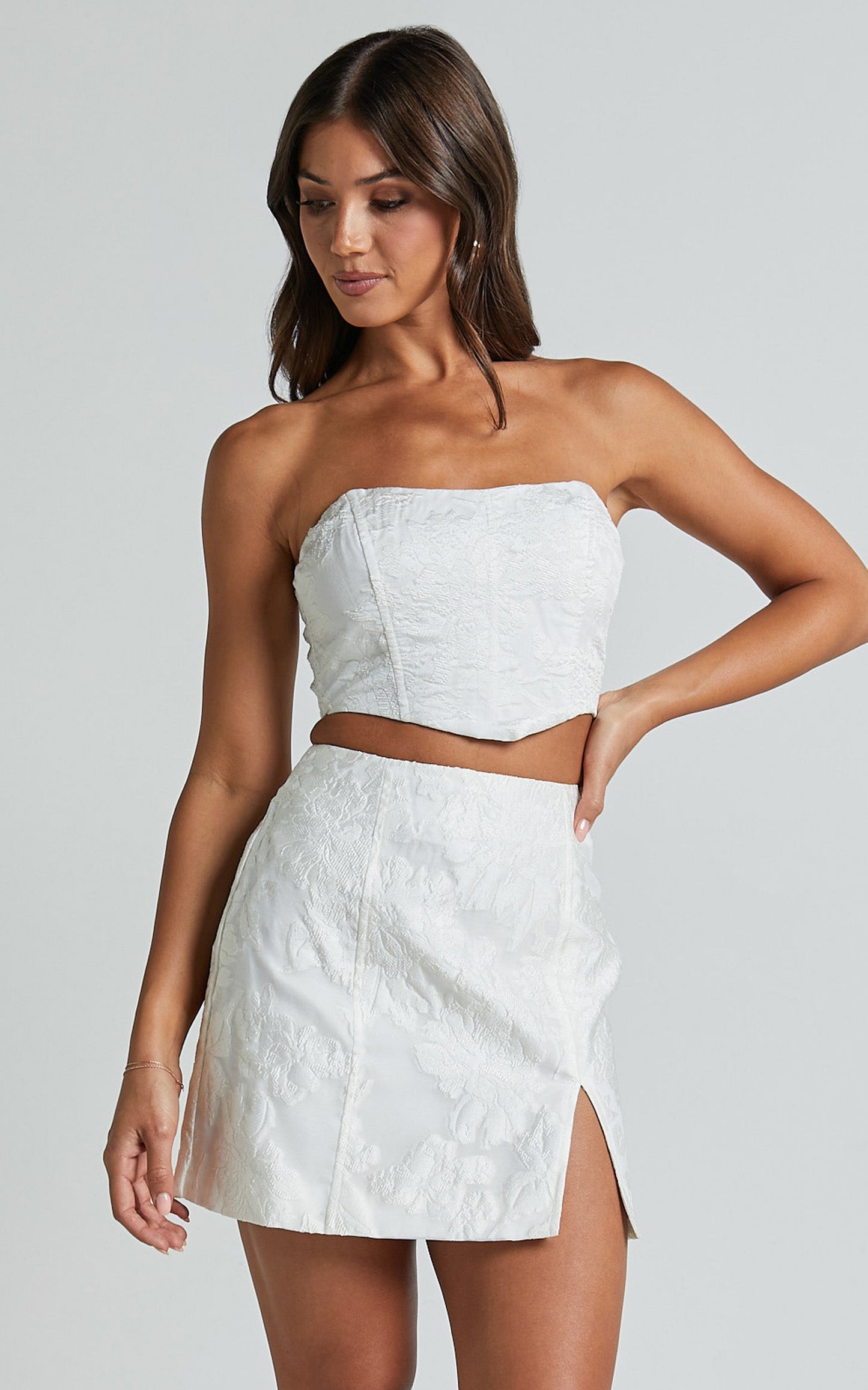 Brailey Mini Skirt - Split Jacquard Skirt in White