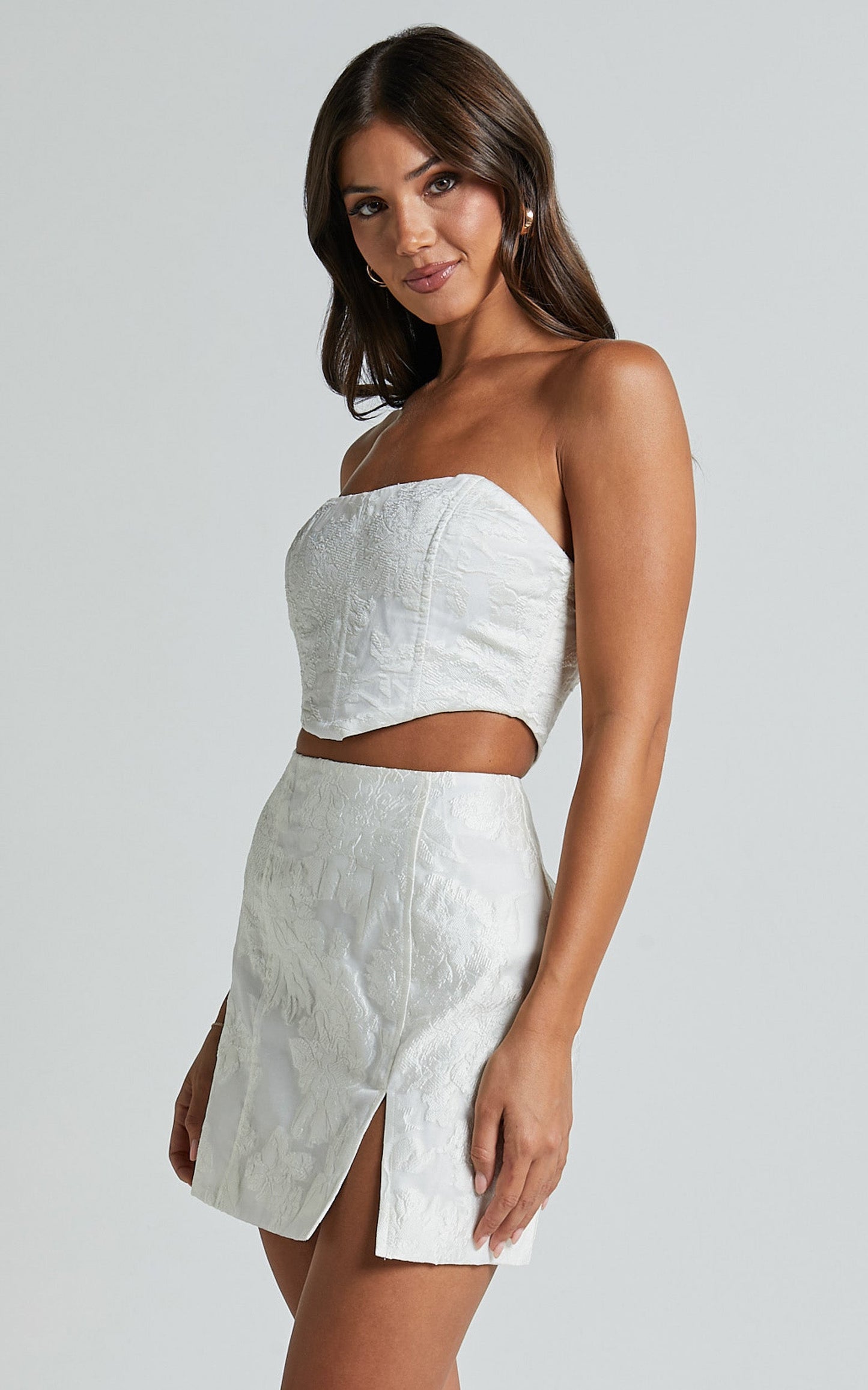 Brailey Mini Skirt - Split Jacquard Skirt in White